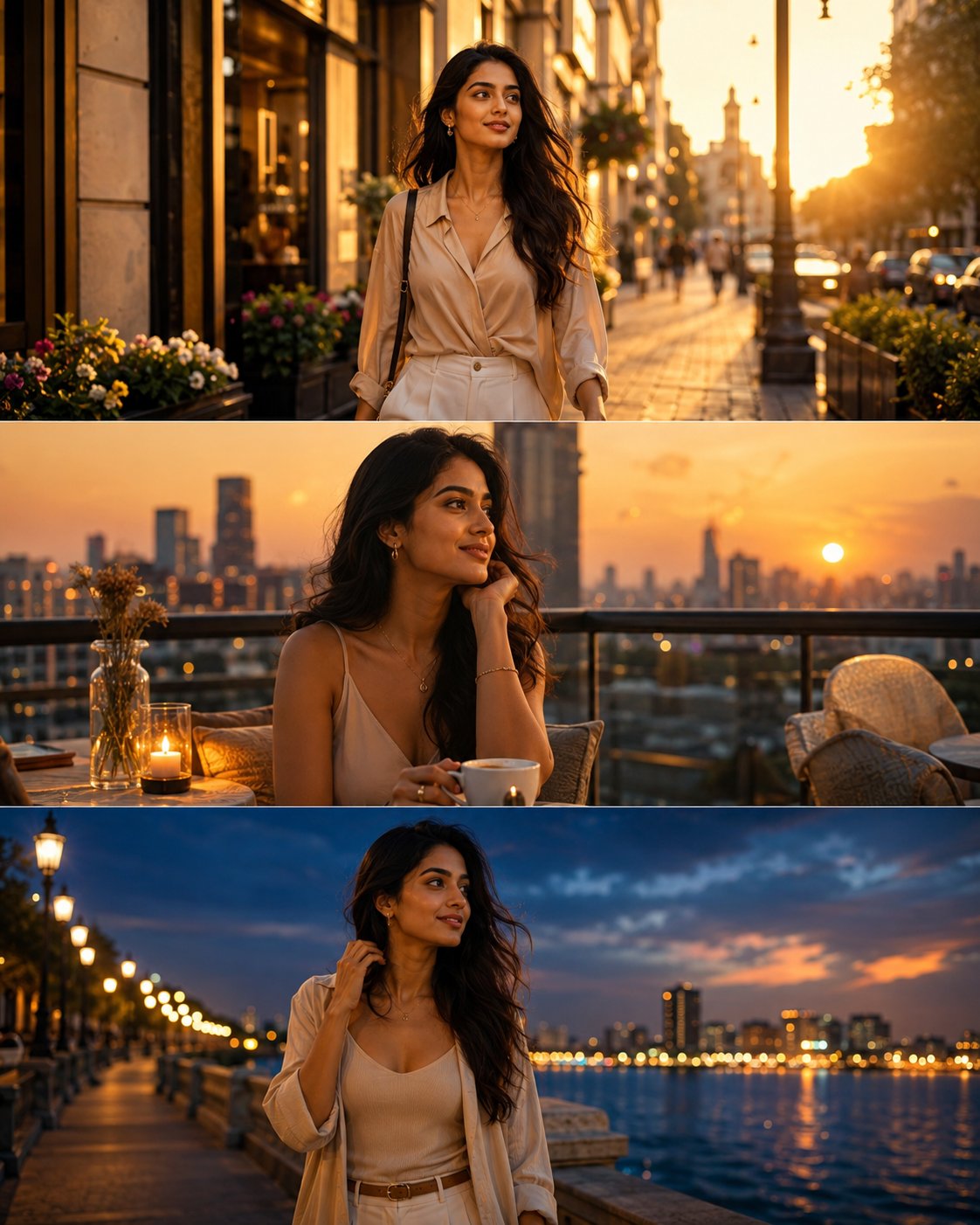 Create a premium cinematic three-panel vertical triptych telling the story of a beautiful young Indi — AI image prompt — GPT Image 2
