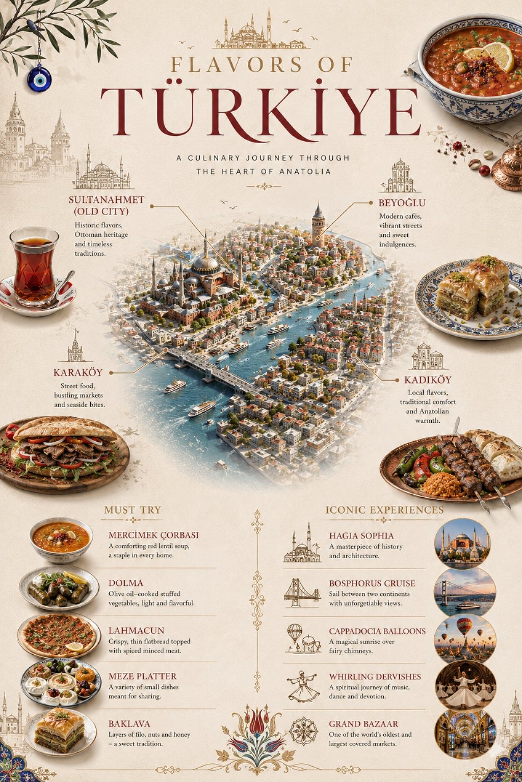 制作一份时尚、简约的高端美食旅行信息图，标题为“FLAVORS OF TÜRKİYE”，副标题为“A CULINARY JOURNEY THROUGH THE HEART OF ANATOLIA”。使 — AI image prompt — GPT Image 2
