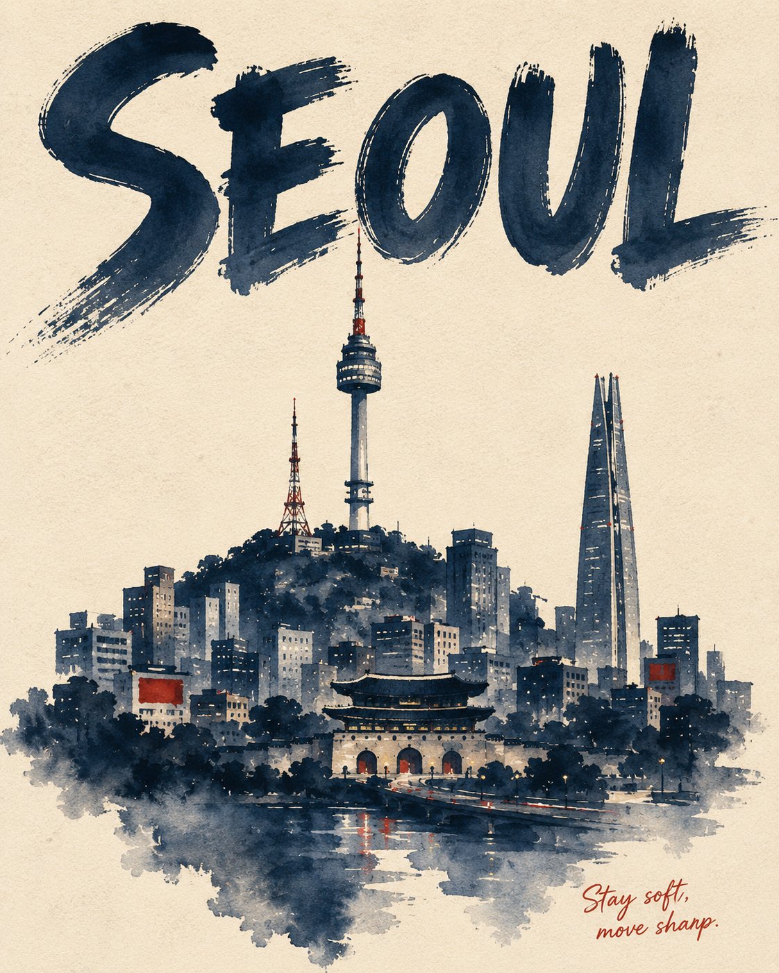 수채화 도시 포스터 템플릿 — AI image prompt — GPT Image 2 — Watercolor, Minimalist, Cityscape - 2