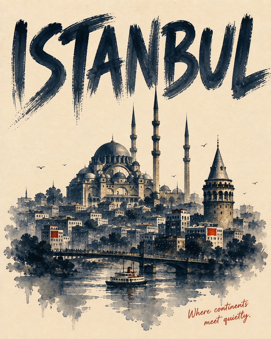 수채화 도시 포스터 템플릿 — AI image prompt — GPT Image 2 — Watercolor, Minimalist, Cityscape - 3
