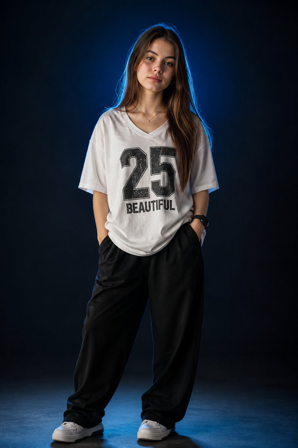 A photorealistic fashion portrait of a young woman standing confidently in a studio, wearing an over — AI image prompt — GPT Image 2
