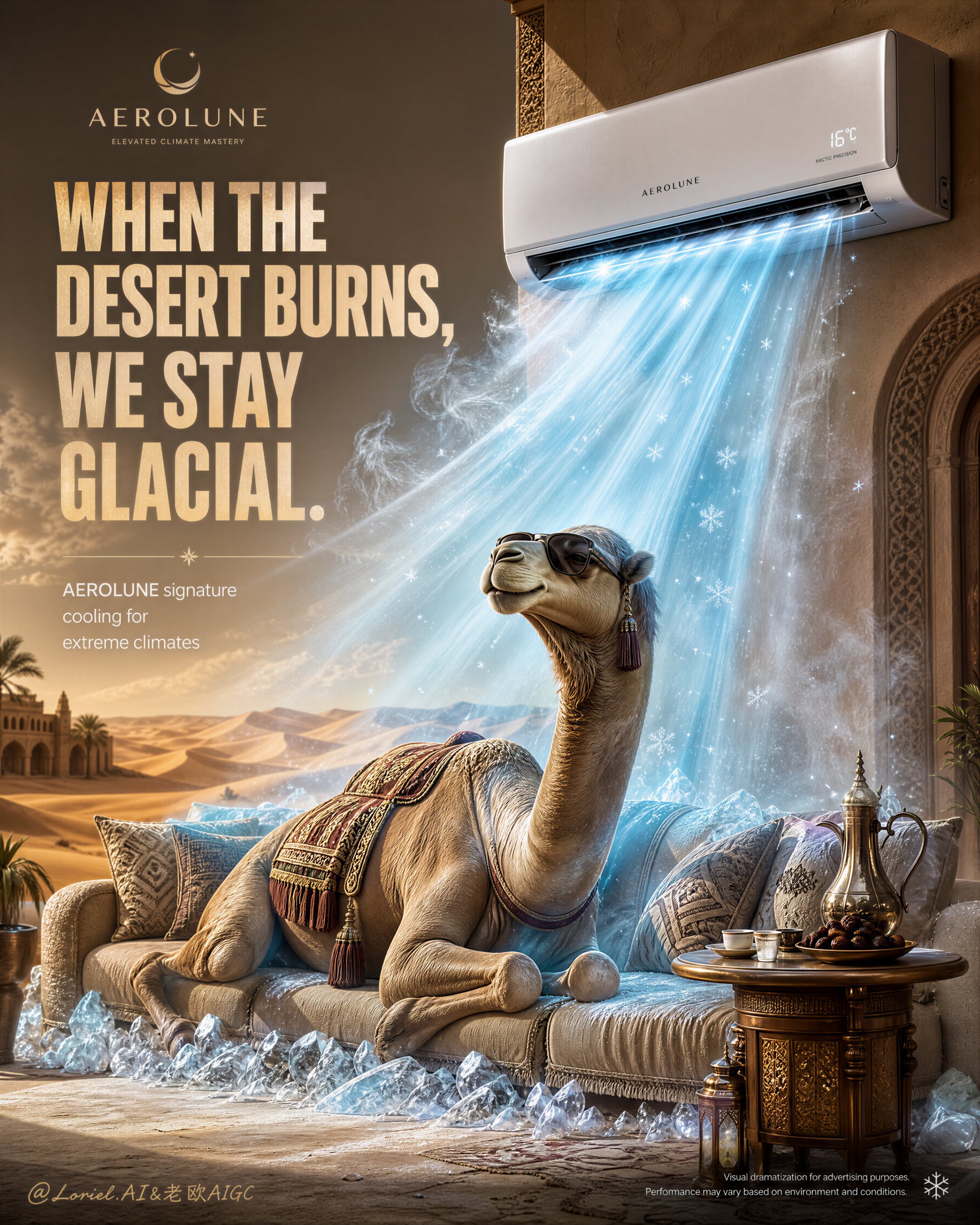 럭셔리 에어컨 사막 낙타 포스터 — AI image prompt — GPT Image 2 — Surreal, Poster, Advertising - 2