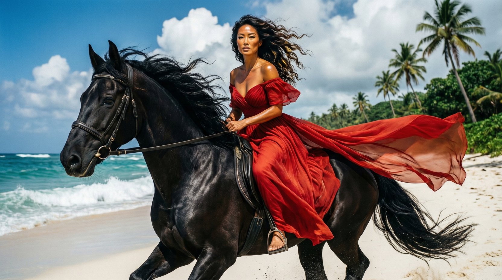 超フォトリアリスティックなシネマティック・ファッション写真を作成せよ。明るく風の強い午後、手つかずの熱帯のビーチを、力強い漆黒の馬に乗った優雅な女性が疾走しているシーン。

被写体：
長く自然なウェー — AI image prompt — Nano Banana