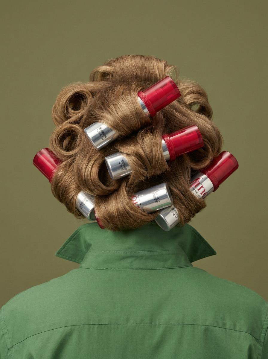 商品をヘアローラーとして使う広告 — AI image prompt — Nano Banana Pro — Product Photography - 2