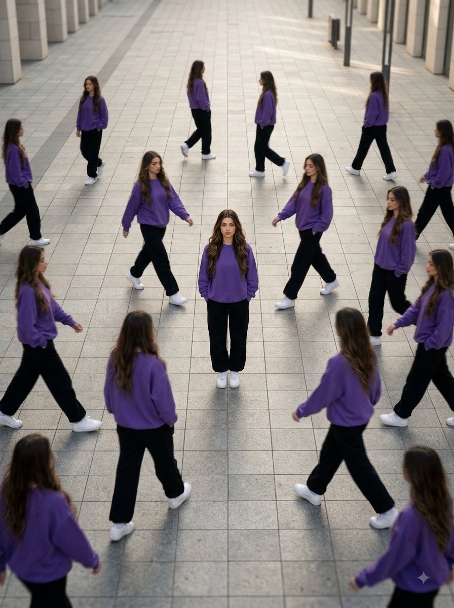 Transform the uploaded person into a premium ultra-realistic surreal clone-photography scene. Create — AI image prompt — Nano Banana