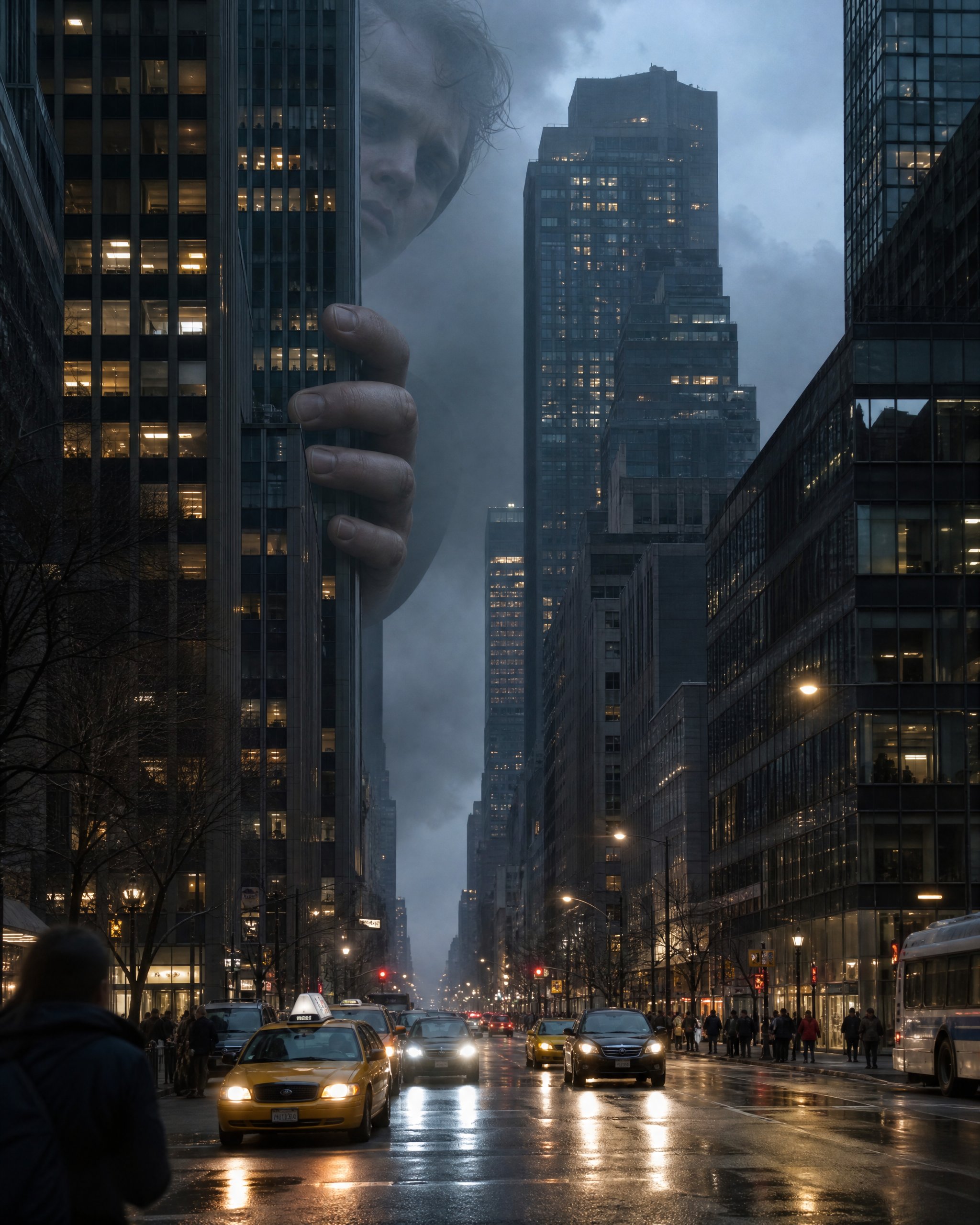Create an extraordinarily photorealistic cinematic photograph of a normal modern city at blue hour,  — AI image prompt — Nano Banana Pro