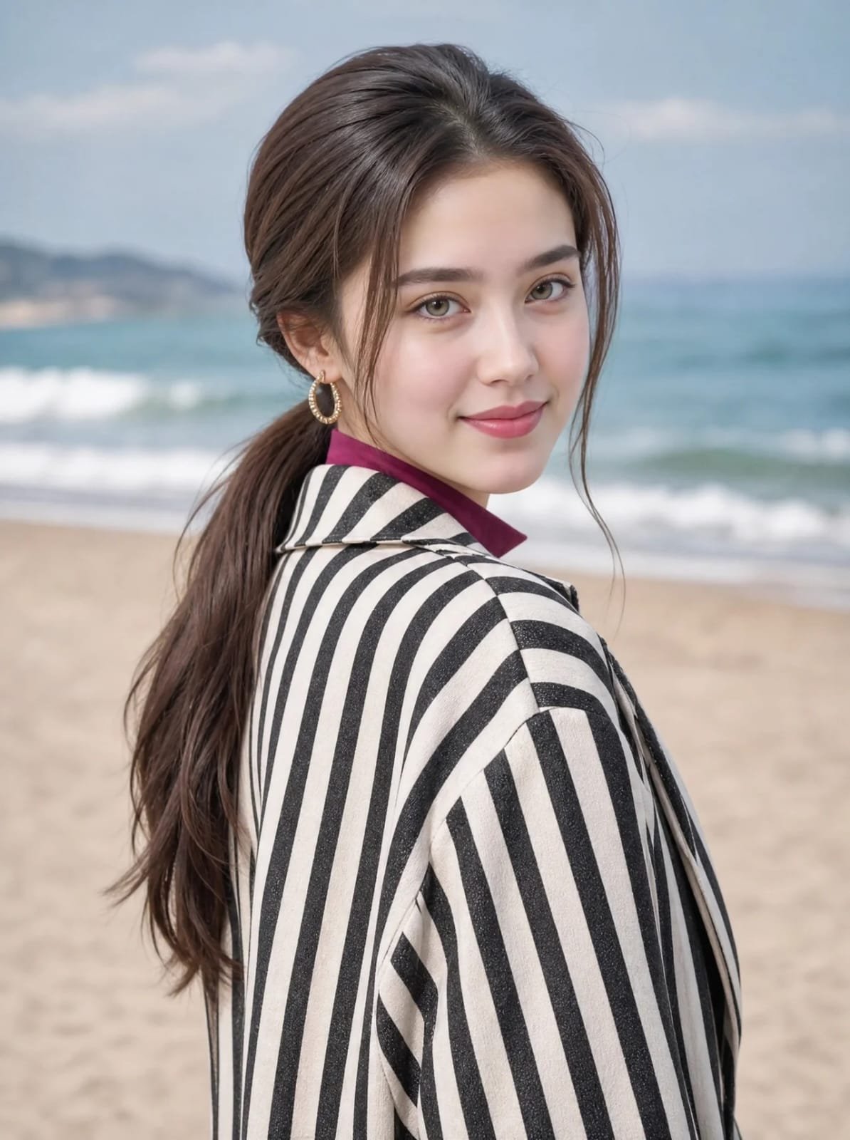 Use 100 percent face refranace given strictly Portrait of a young Asian woman standing by the ocean, — AI image prompt — Nano Banana Pro