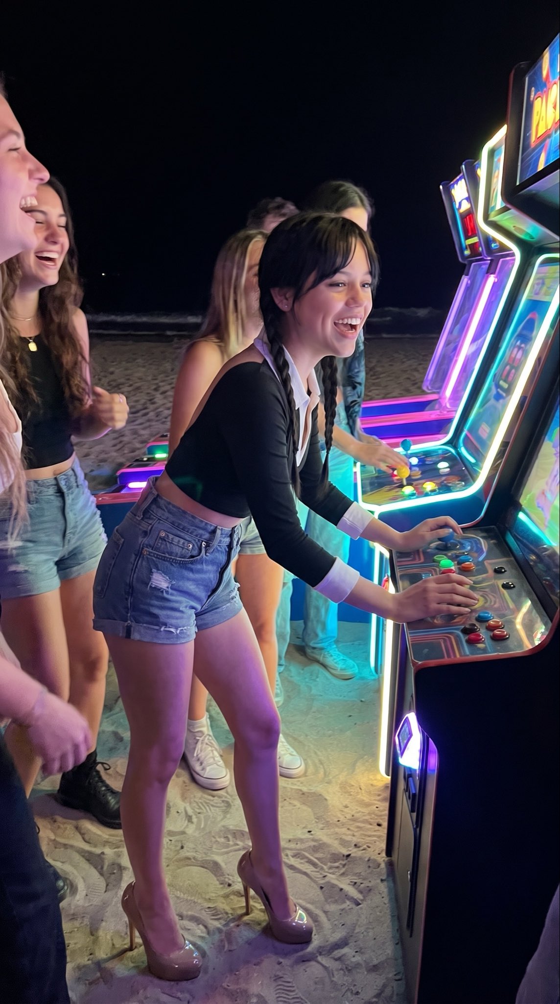 hyper real vertical amateur iphone shot of a young woman around 21yo playing colourful arcade games  — AI image prompt — Nano Banana Pro