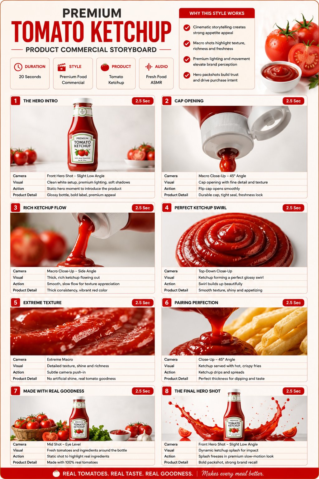 프리미엄 토마토 케첩 제품 상업 광고 스토리보드

형식:
• 단일 페이지 프리미엄 스토리보드
• 3:4 세로 비율
• 럭셔리 식품 광고
• 시네마틱 스토리보드 8장면
• 깔끔한 프 — AI image prompt — GPT Image 2