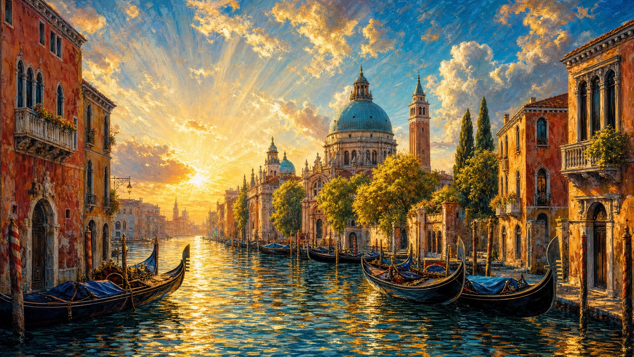 一幅生动的绘画风格旅行海报式城市景观，描绘威尼斯运河在金色黄昏时分的景象，采用浓郁饱满的蓝色、金色和温暖赤陶色调呈现。画面主体聚焦于波光粼粼的日照水面，延伸至远处的圆顶教堂与钟楼，两侧由历史悠久的运河 — AI image prompt — GPT Image 2