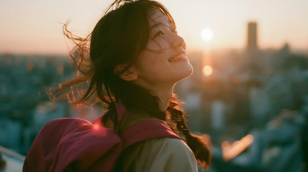 创作一幅电影感、怀旧金色时刻的肖像：一位年轻女性站在城市大窗或玻璃幕墙旁，正值日落时分，身穿休闲浅色上衣，肩上自然搭着一件粉色针织衫，背着双肩包。她有一头深色、略显凌乱的齐肩长发，几缕发丝在微风中轻轻 — AI image prompt — GPT Image 2