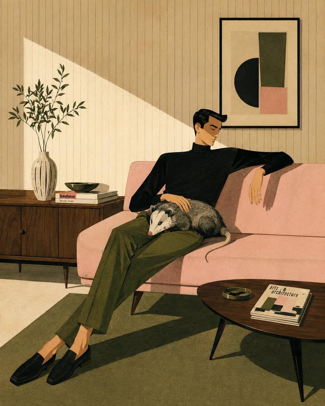 [HUMAN]이(가) [SOFA]에 [POSE] 자세로 느긋하게 기대어 있고, [CLOTHING]을 입고 있으며, 곁에 [ANIMAL]이 쉬고 있는 양식화된 미드센추리 모던 일러스 — AI image prompt — GPT Image 2