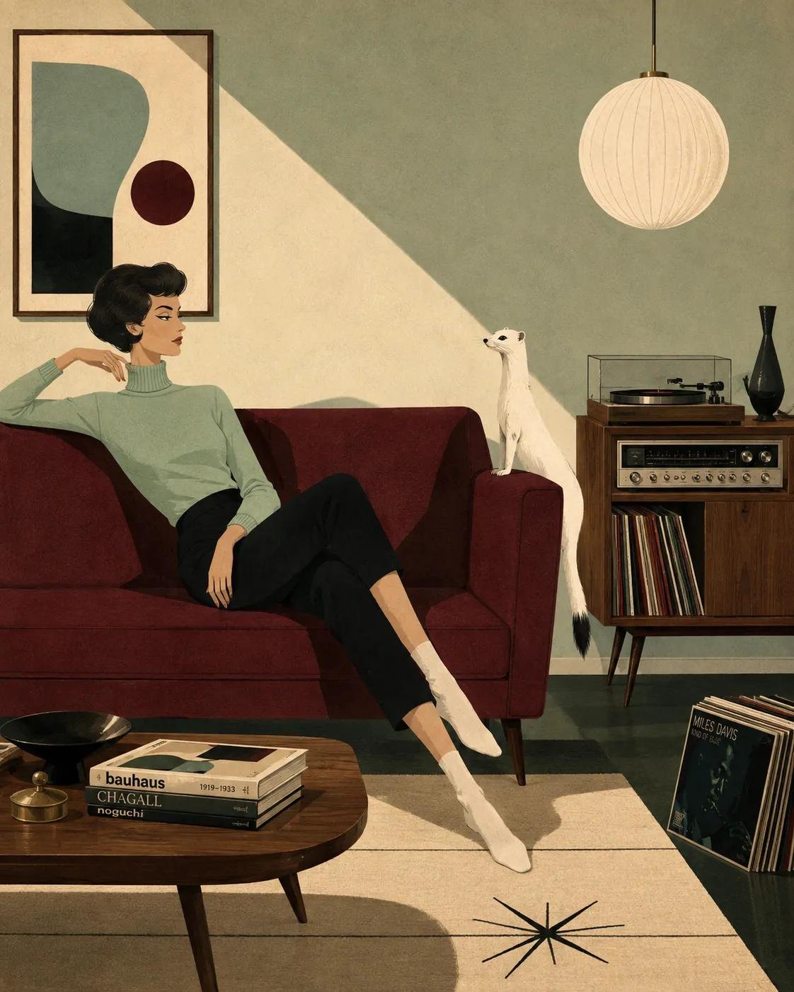 Mid-Century Editorial Illustration Scene — AI image prompt — GPT Image 2 — Character, Vintage - 2