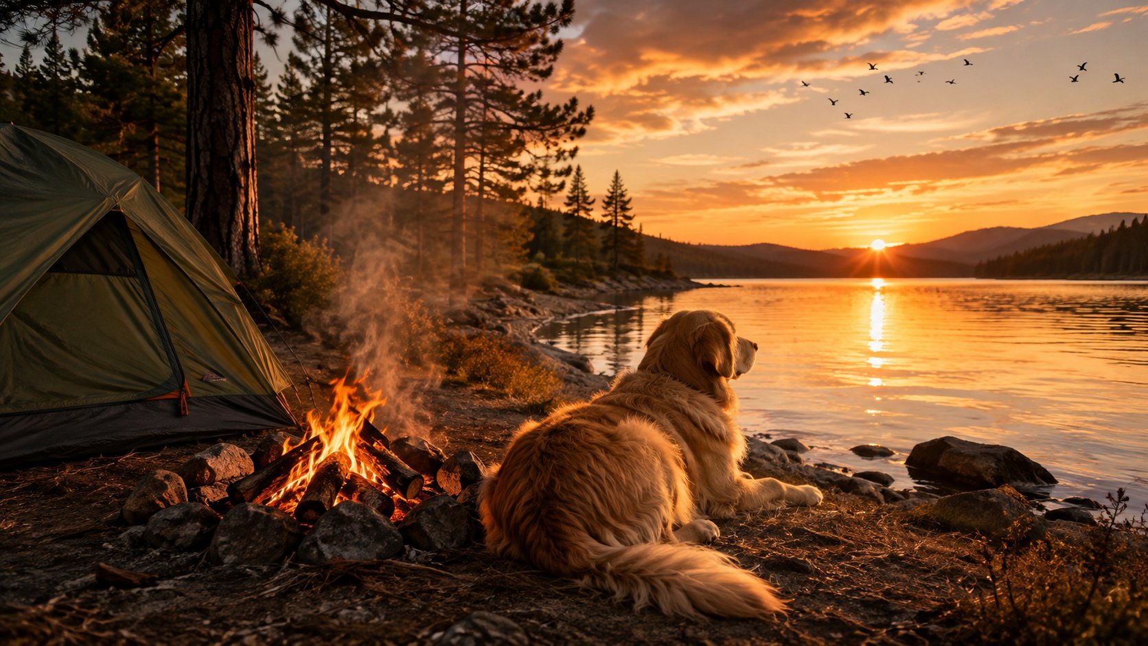 Golden Retriever by Campfire Lake — AI image prompt — GPT Image 2 — Animals, Nature, Cinematic