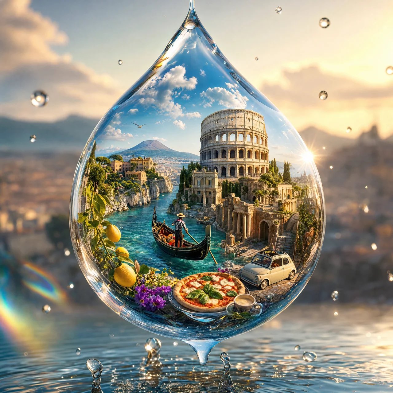 물방울 속 미니어처 나라 — AI image prompt — GPT Image 2 — Macro, Surreal, Cinematic - 2
