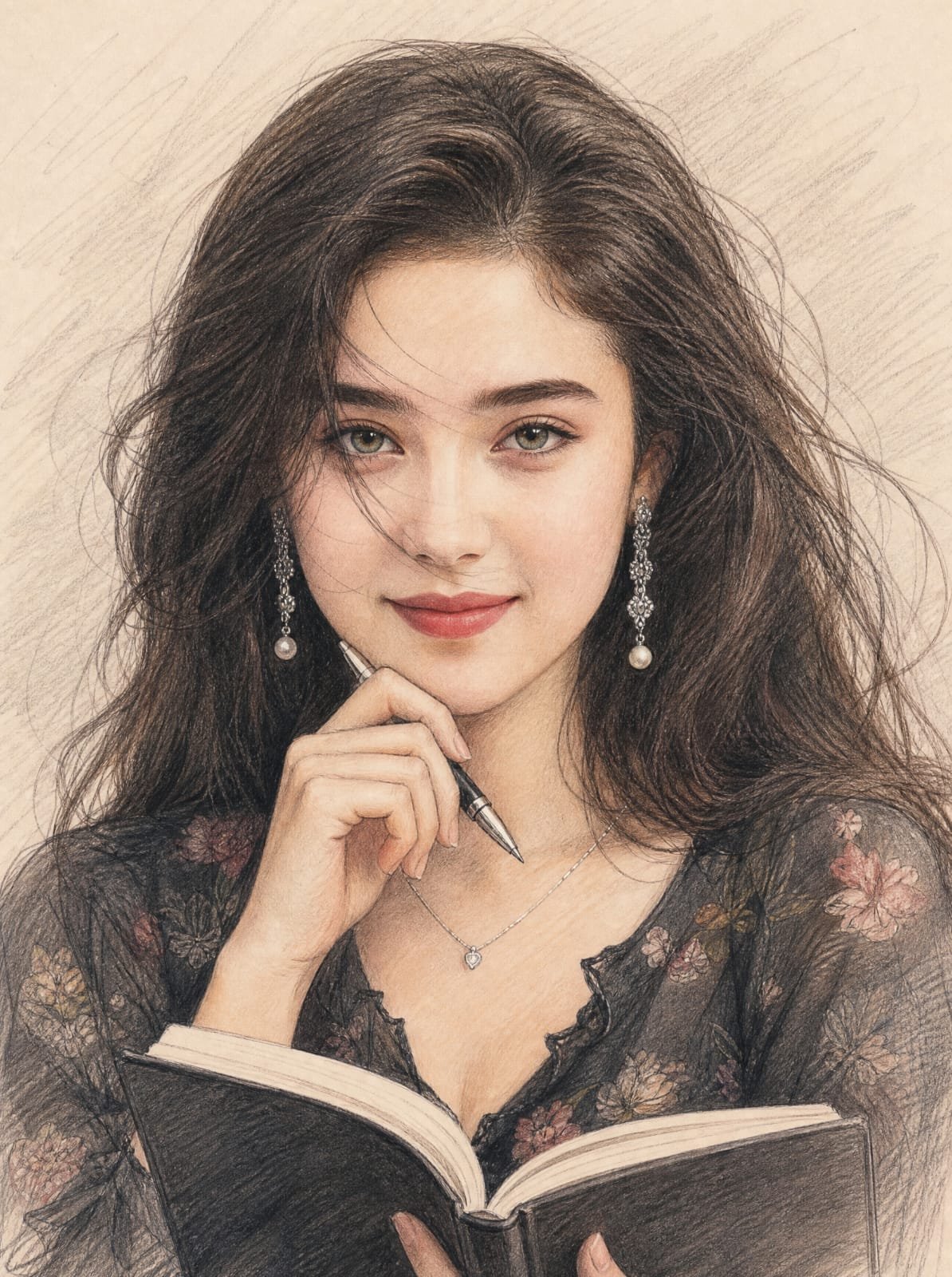 색연필 스케치 스타일, 고전적인 예술적 드로잉 스타일과 매우 정밀한 묘사.

카메라를 향한 아름다운 젊은 여성. 얼굴 특징은 참고 이미지 1을 따르되, 헤어스타일은 참고 이미지 1 — AI image prompt — GPT Image 2