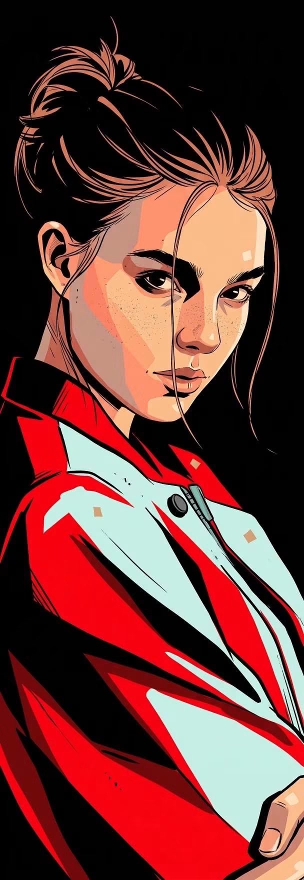 Bold contemporary graphic portrait illustration with a striking high-contrast comic-book / editorial — AI image prompt — Nano Banana