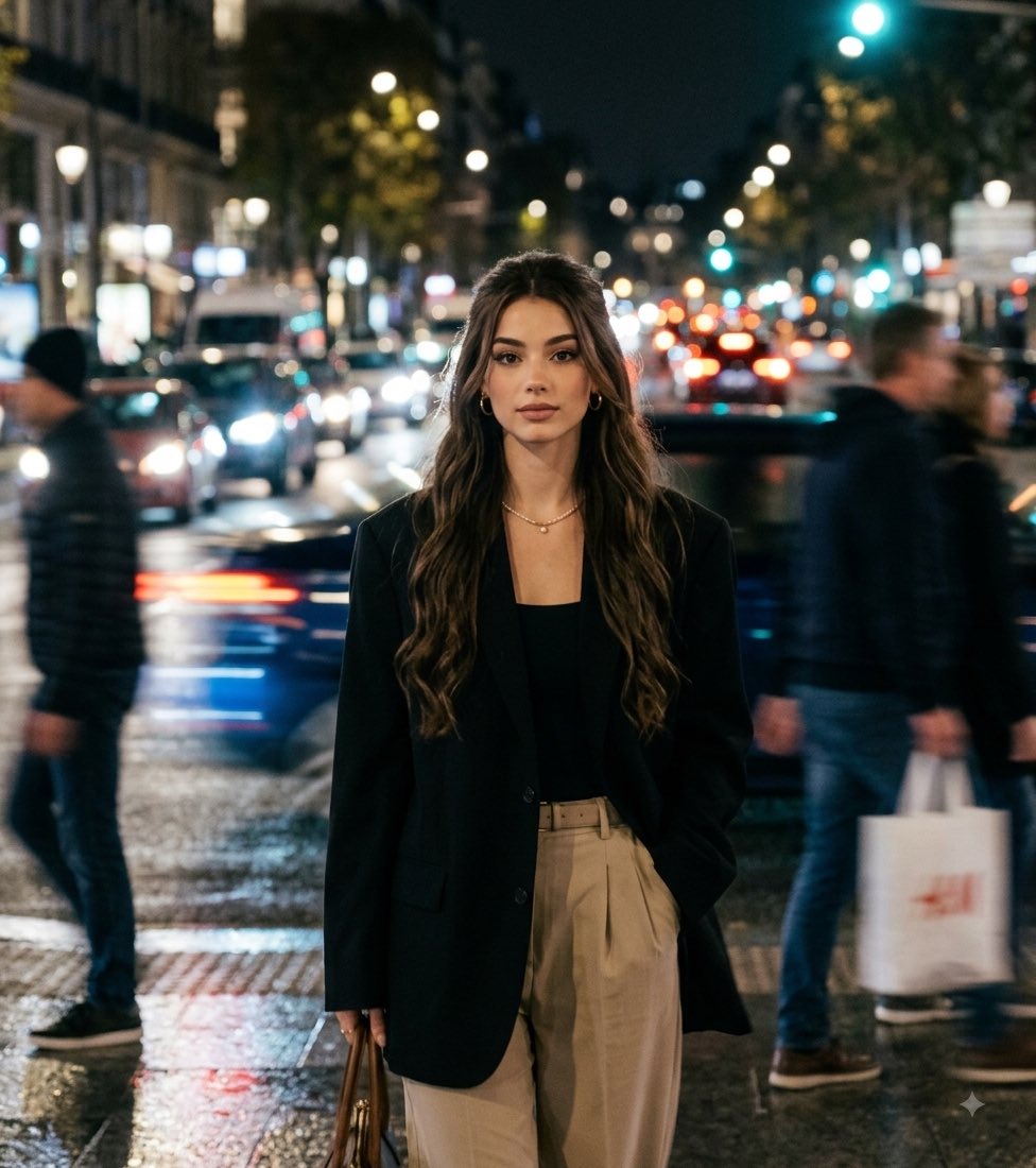A candid street style photograph at night. A person wearing an oversized designer blazer is walking  — AI image prompt — Nano Banana