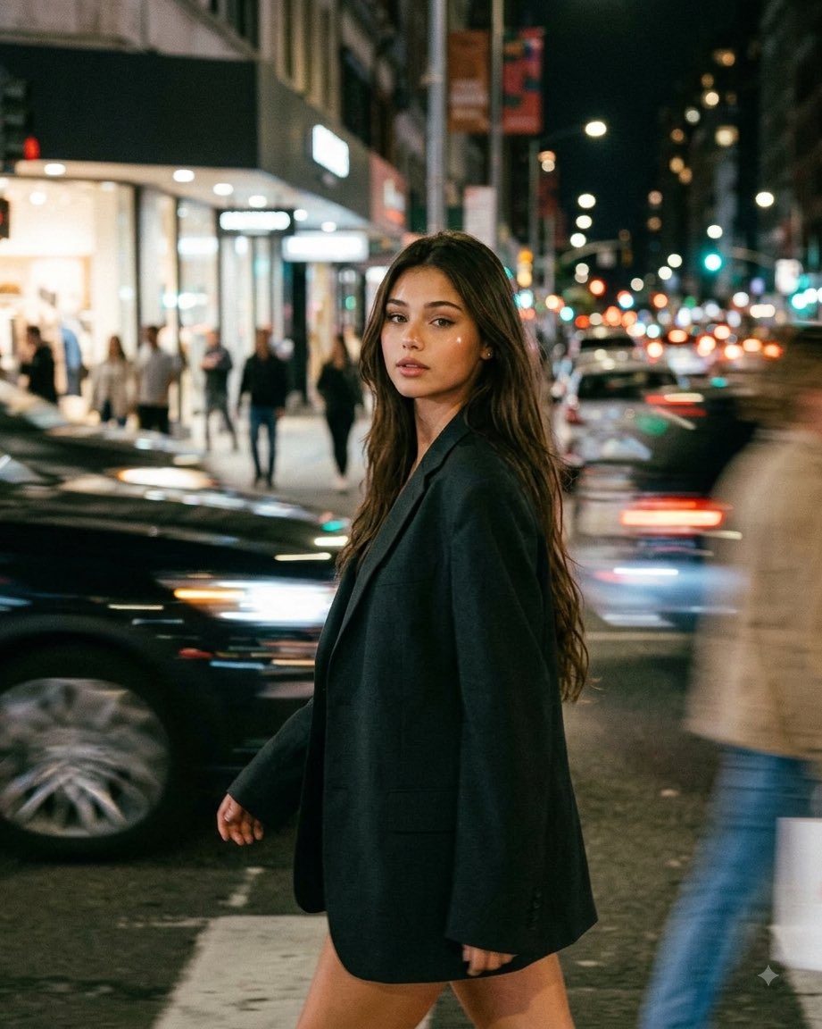 夜のストリートスタイル・モーションブラー — AI image prompt — Nano Banana — Street Photography, Cinematic, Fashion - 2