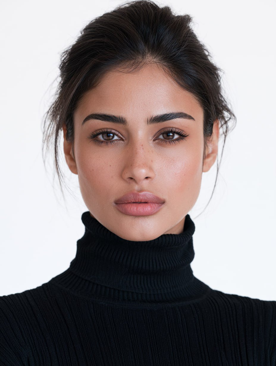 A attractive south asian indian female model with a dimorphic round face, aquiline nose, rose lips,  — AI image prompt — Nano Banana