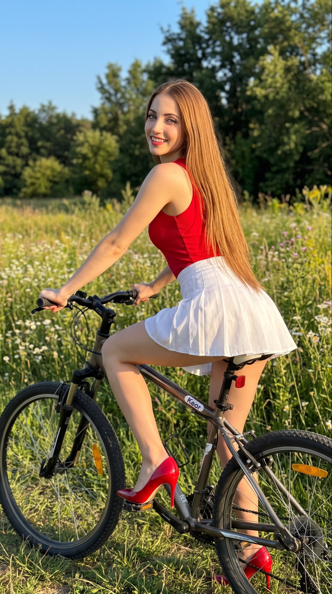 Photorealistic vertical outdoor lifestyle photograph of an adult woman riding a mountain bike throug — AI image prompt — Nano Banana