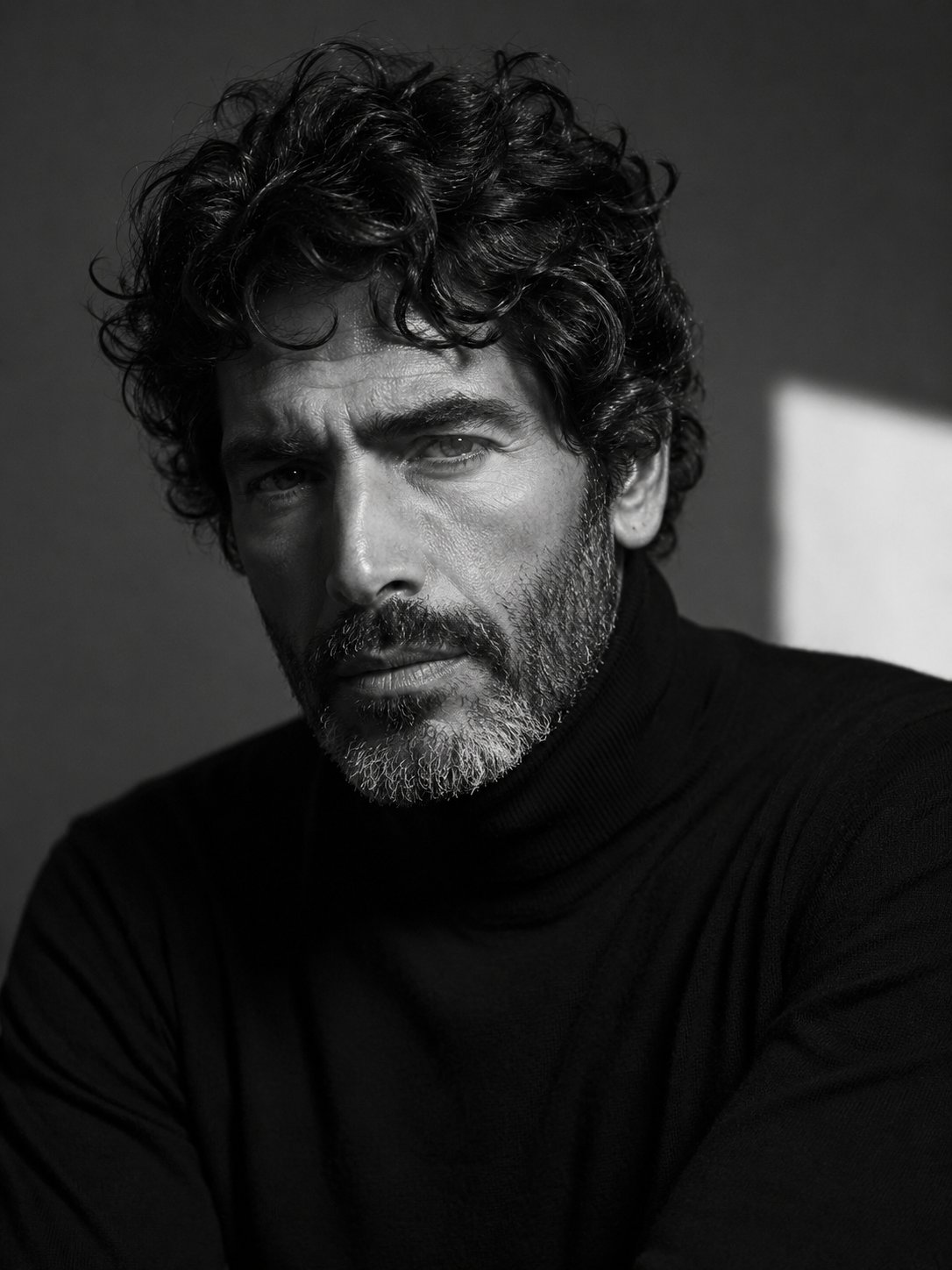 A cinematic black-and-white close-up portrait of a rugged, mature man with thick, naturally curly da — AI image prompt — GPT Image 2
