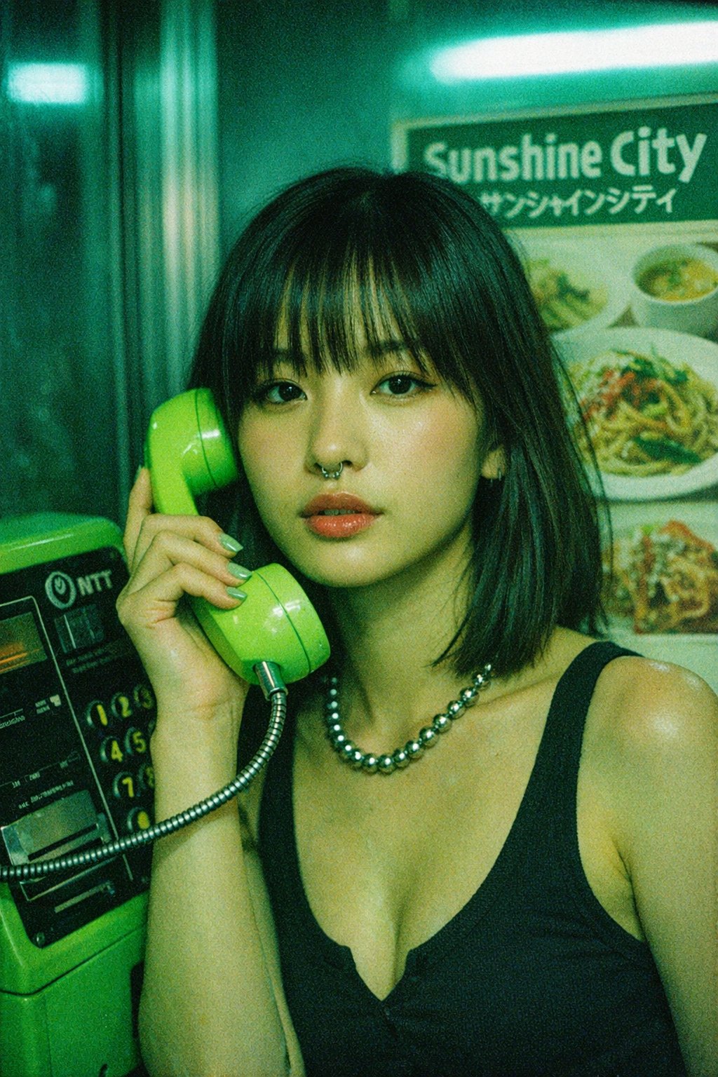 클로즈업 필름 사진 스타일의 초상화. 어깨까지 내려오는 짙은 갈색 머리와 일자 앞머리를 가진 젊은 동아시아 여성, 콧구멍 피어싱, 은은한 메이크업, 살짝 벌어진 입술, 카메라를 똑 — AI image prompt — GPT Image 2