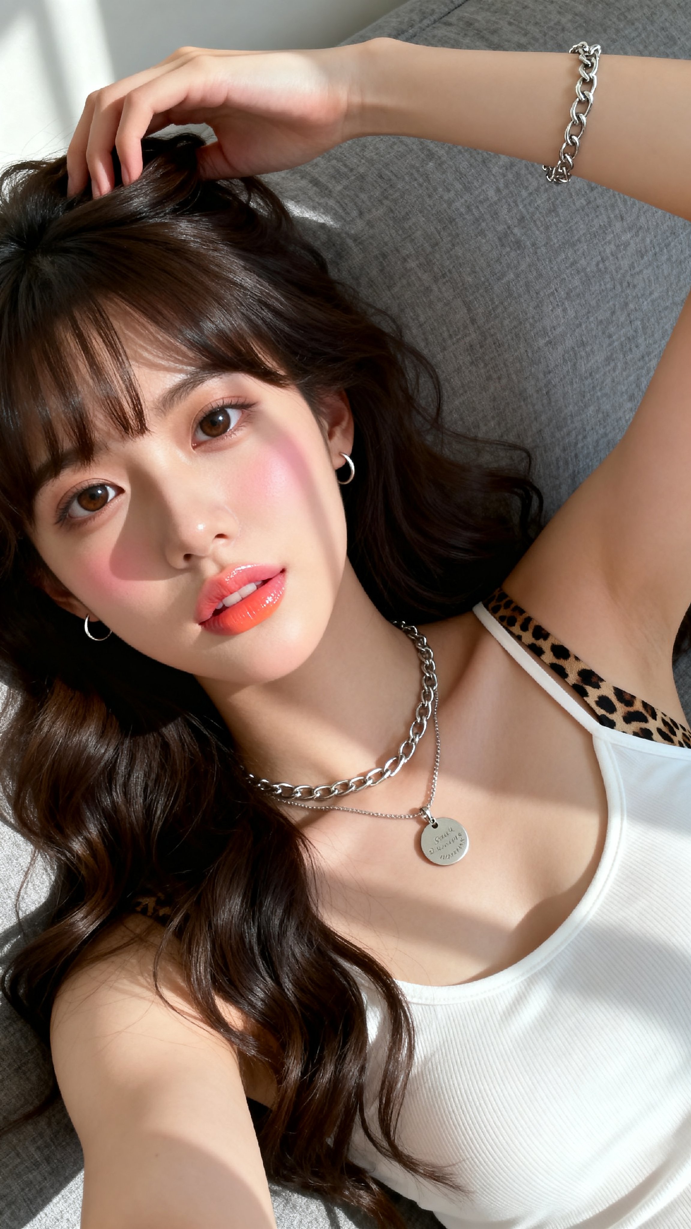 20대 초반의 아름다운 동아시아 여성이 부드러운 회색 패브릭 소파나 침대에 등을 대고 누워 하이앵글 셀카를 찍고 있다. 그녀는 하얀 도자기 같은 피부, 카메라를 똑바로 응시하는 크 — AI image prompt — Seedream 5