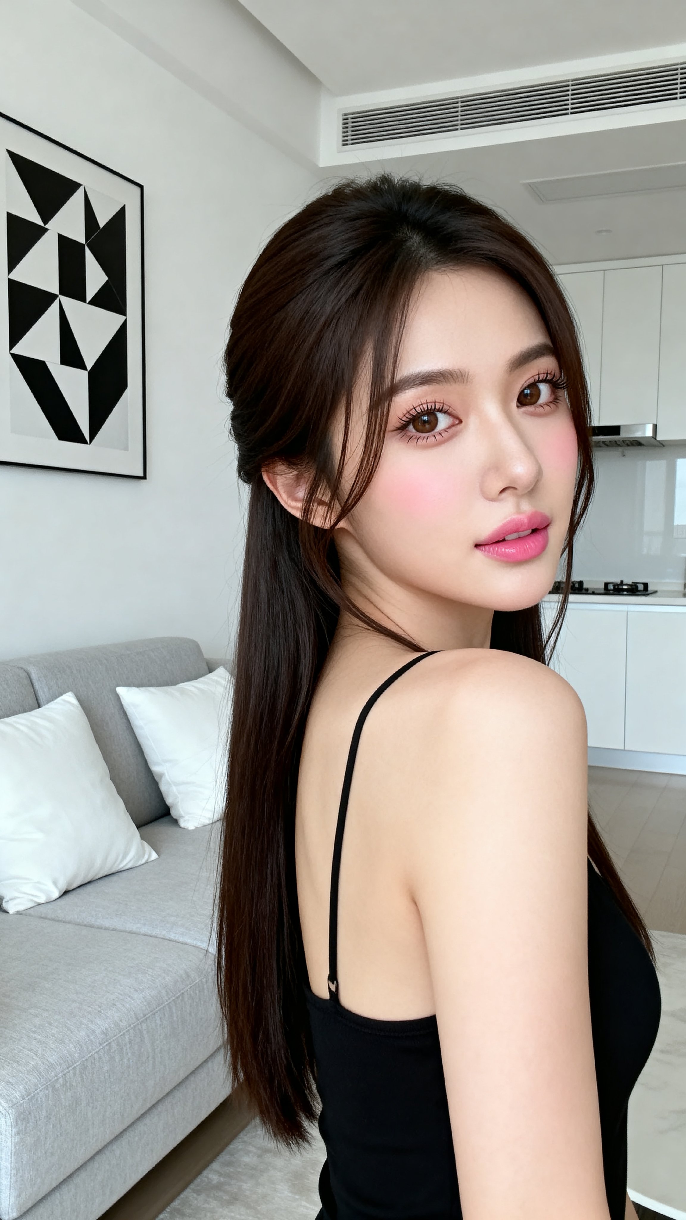A beautiful young East Asian woman with fair, smooth skin and soft natural makeup, looking over her  — AI image prompt — Seedream 5