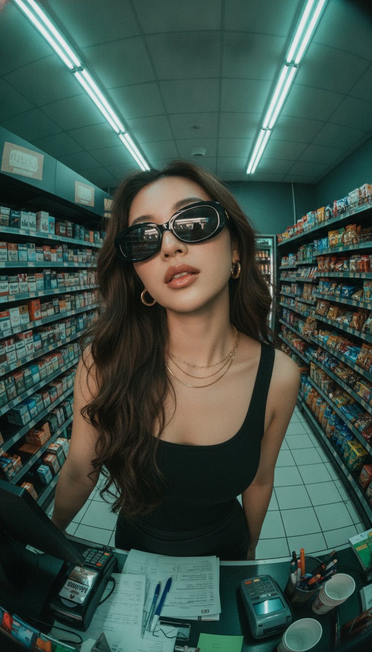 Ultra-realistic fisheye lens photo, extreme low-angle looking up, beautiful young East Asian woman w — AI image prompt — Nano Banana