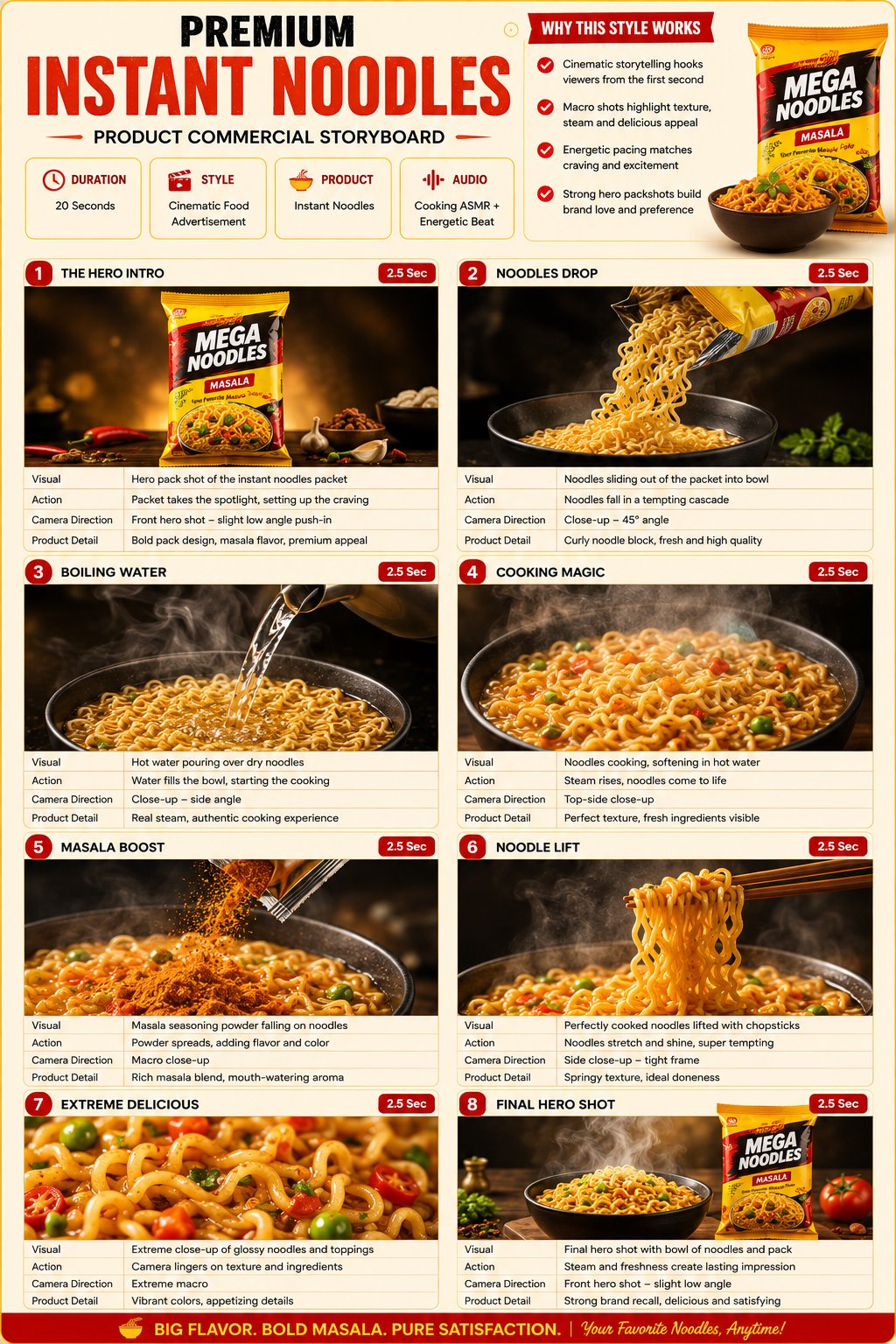TITLE:
Premium Instant Noodles Product Commercial Storyboard

FORMAT:
• Single-page premium storyboa — AI image prompt — Nano Banana