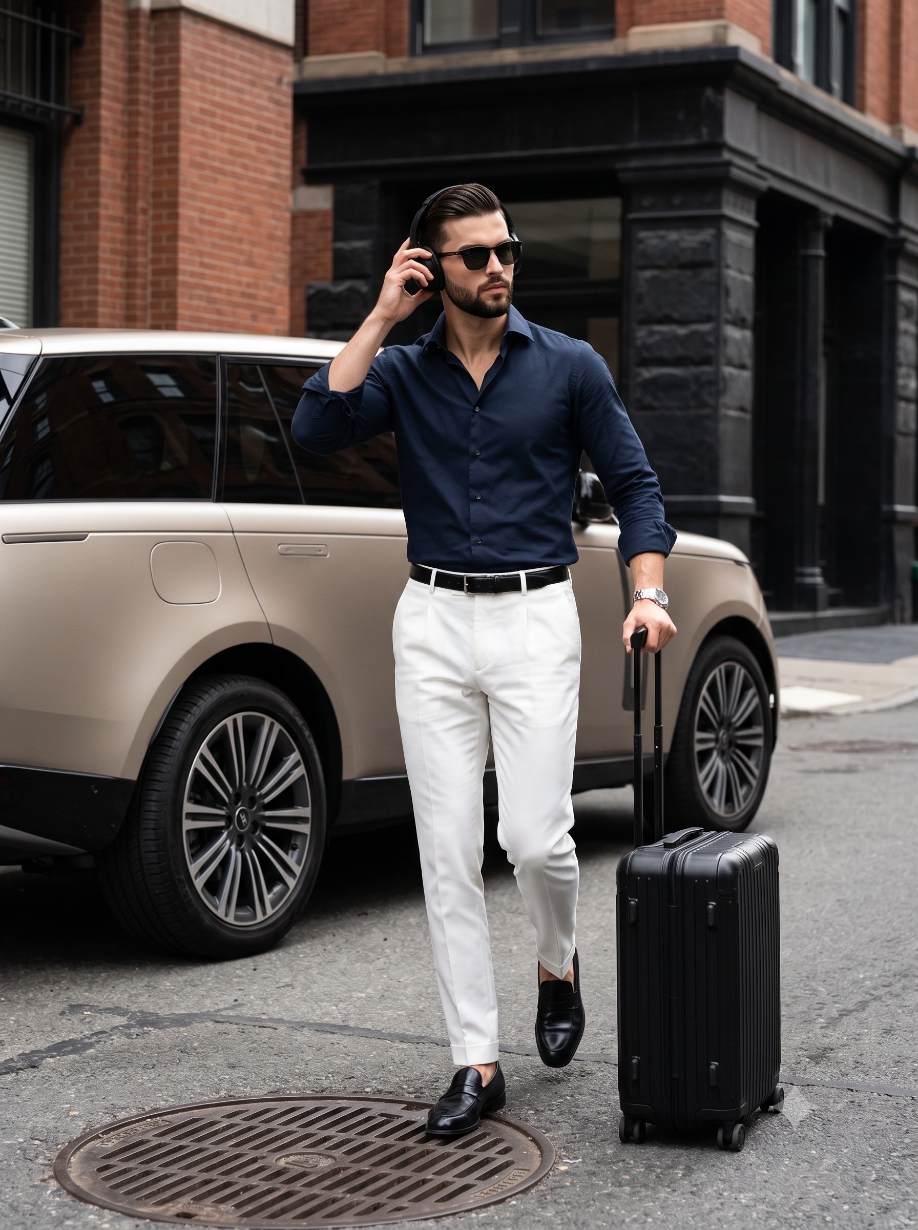 A stylishly dressed man is captured mid-stride in a confident 45-degree stance with his weight dynam — AI image prompt — Nano Banana