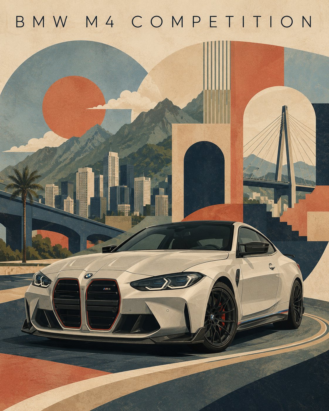 Title: BMW M4 Competition — Vintage Modernist Travel Poster

Create a refined editorial travel poste — AI image prompt — GPT Image 2