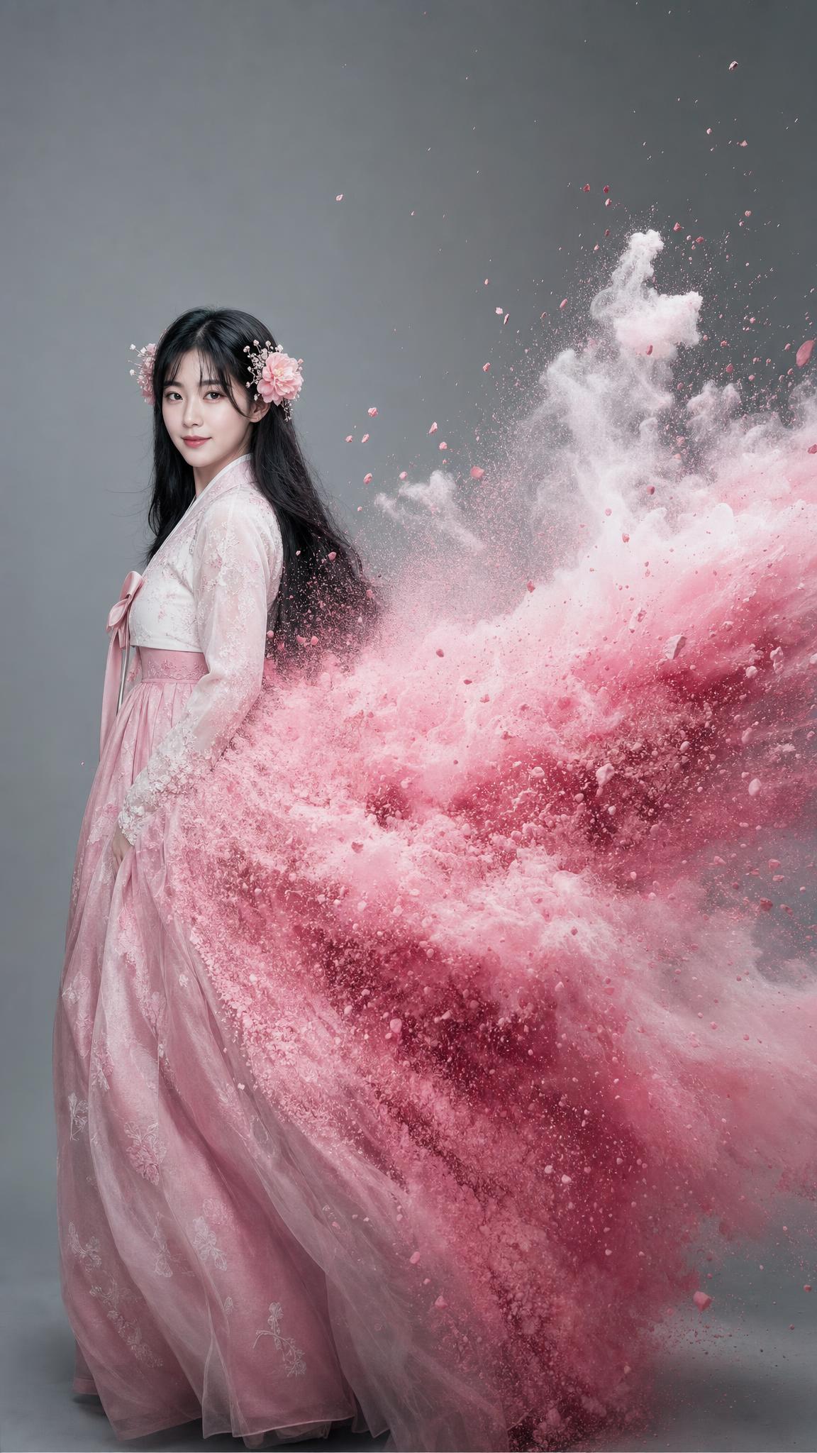 초고사실적인 한국 하이패션 스튜디오 초상화를 제작하라, 전신, 우아한 파스텔 핑크 한복을 입고, 긴 검은 머리 양쪽에 섬세한 꽃 장식. 한복이 물리적으로 변형되어 오른쪽으로 극적으 — AI image prompt — GPT Image 2