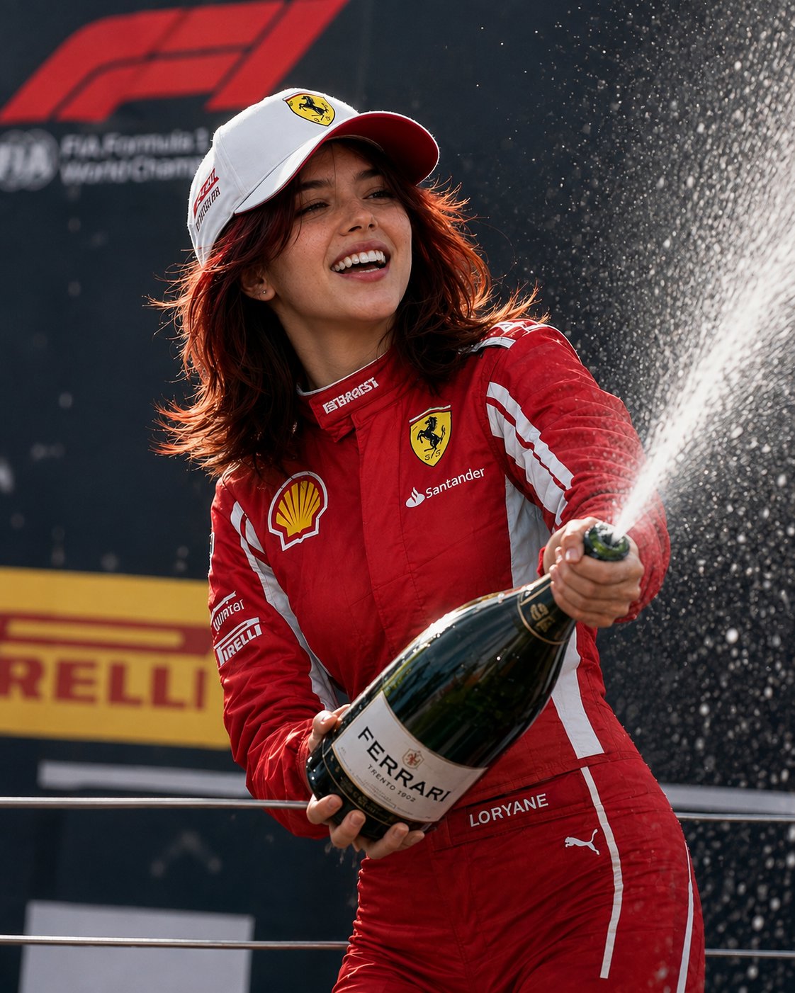 超リアルなシネマティックポートレート。赤毛のフェラーリF1ドライバー、ローリアンが表彰台でレース勝利を祝っている。彼女はスポンサーパッチ（Shell、Santander、Pirelli、Ferrari — AI image prompt — GPT Image 2