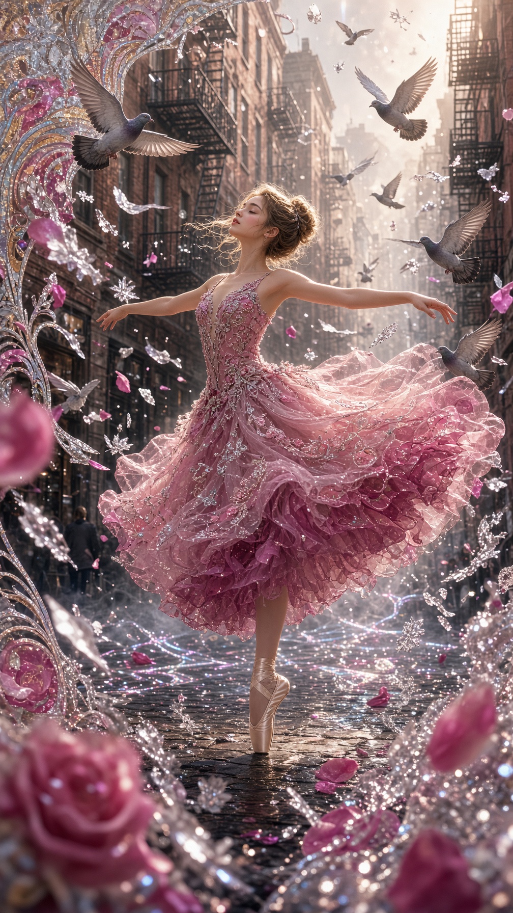 A breathtaking 9:16 vertical portrait of a graceful young ballerina in a voluminous rose-pink and fu — AI image prompt — Grok Imagine 2