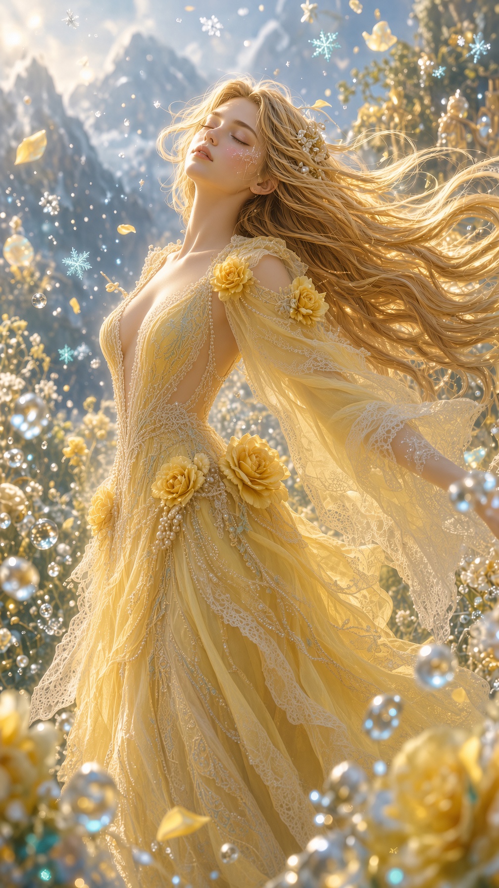 A stunning young goddess-like woman with long golden blonde hair, luminous skin, and a serene, statu — AI image prompt — Grok Imagine 2