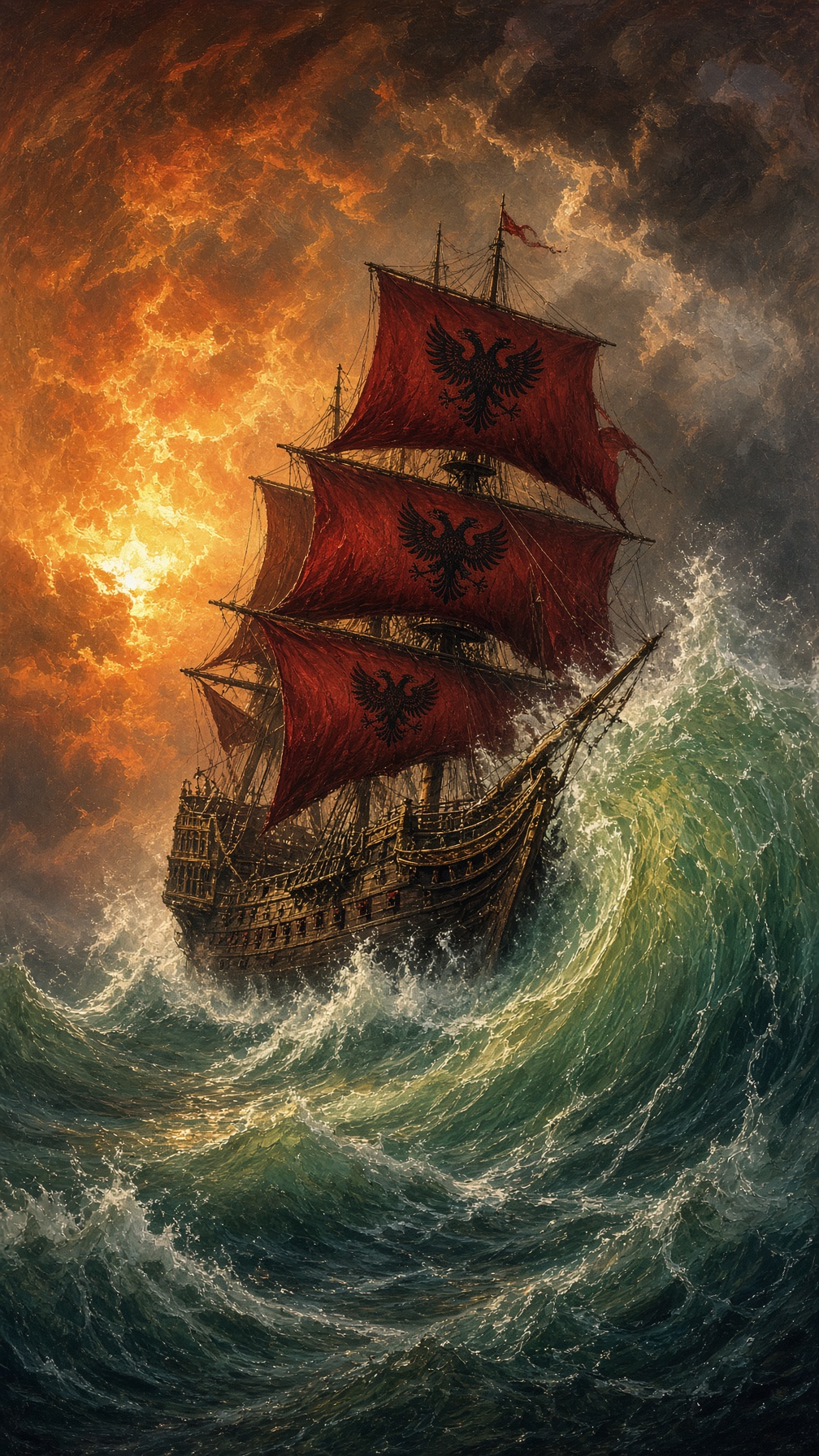 An epic oil painting of a [SHIP CLASS] ship of [SHIP STYLE] design, featuring [SAIL COLOR] sails emb — AI image prompt — Grok Imagine 2
