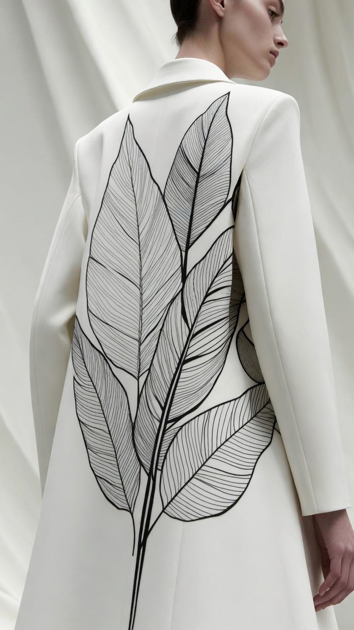 High Couture White Coat with Leaf Patterns — AI image prompt — Grok Imagine 2 — Minimalist, Fashion, Black & White - 2