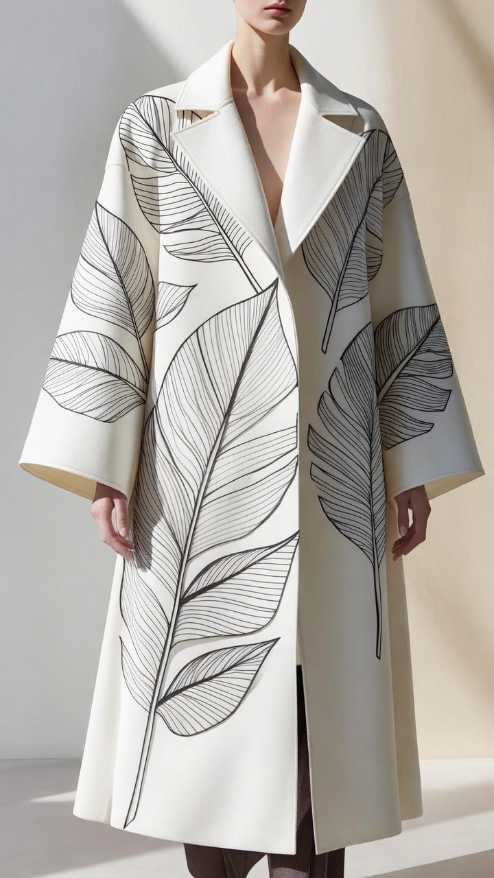 High Couture White Coat with Leaf Patterns — AI image prompt — Grok Imagine 2 — Minimalist, Fashion, Black & White - 3