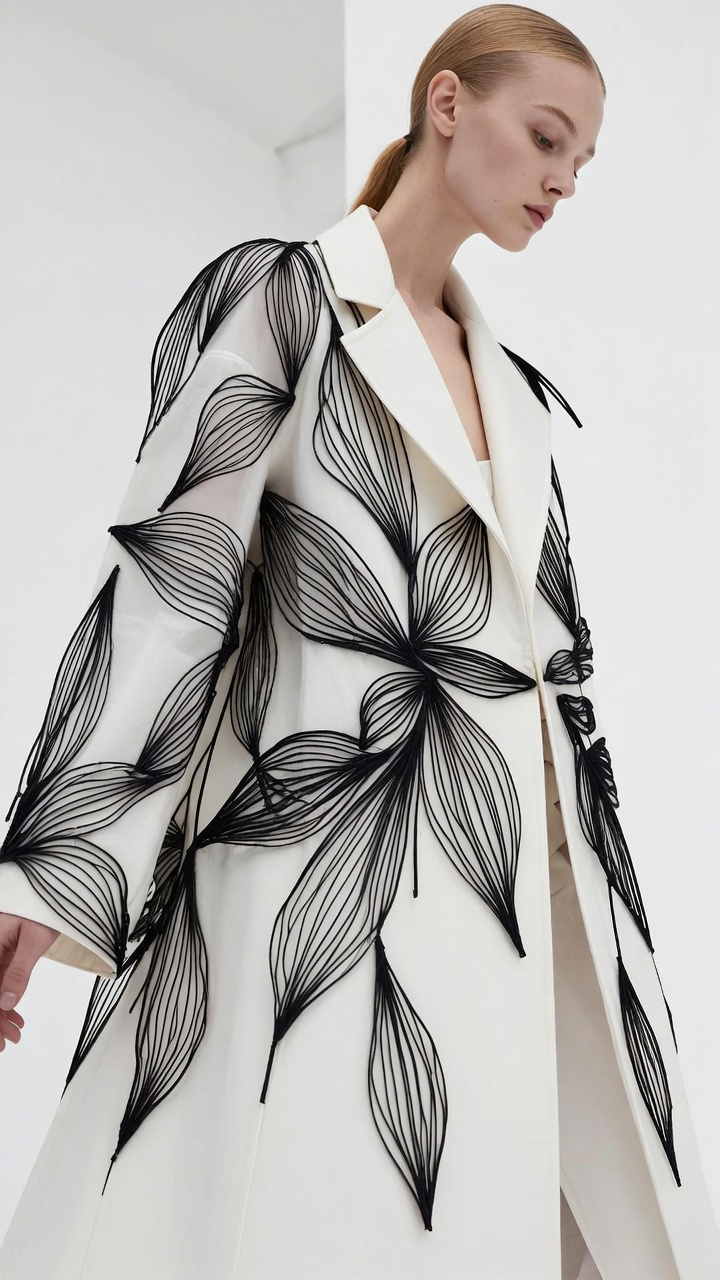 High Couture White Coat with Leaf Patterns — AI image prompt — Grok Imagine 2 — Minimalist, Fashion, Black & White - 4