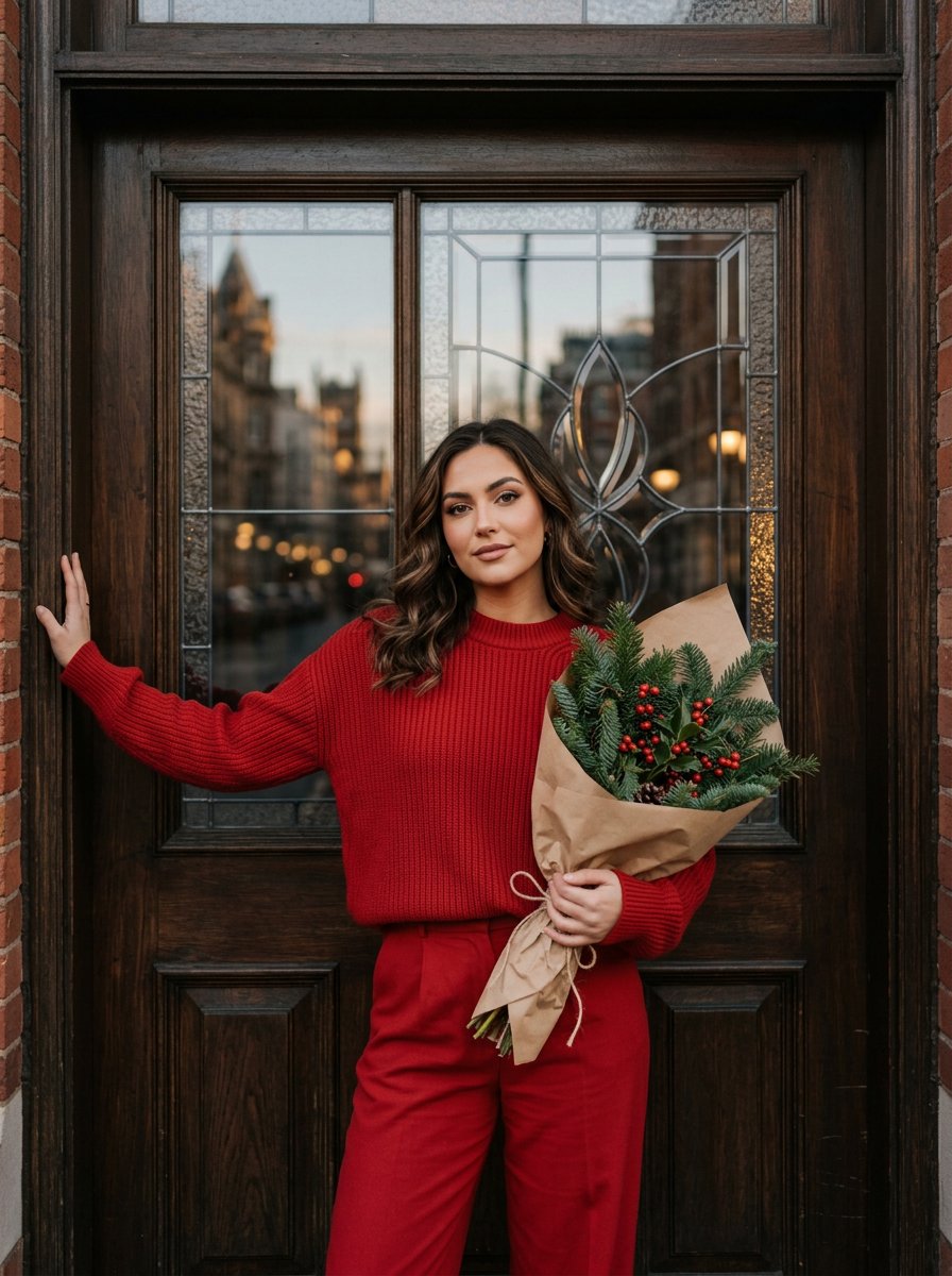 Stylish young woman with elegant makeup standing confidently in front of a dark wood door with decor — AI image prompt — Nano Banana