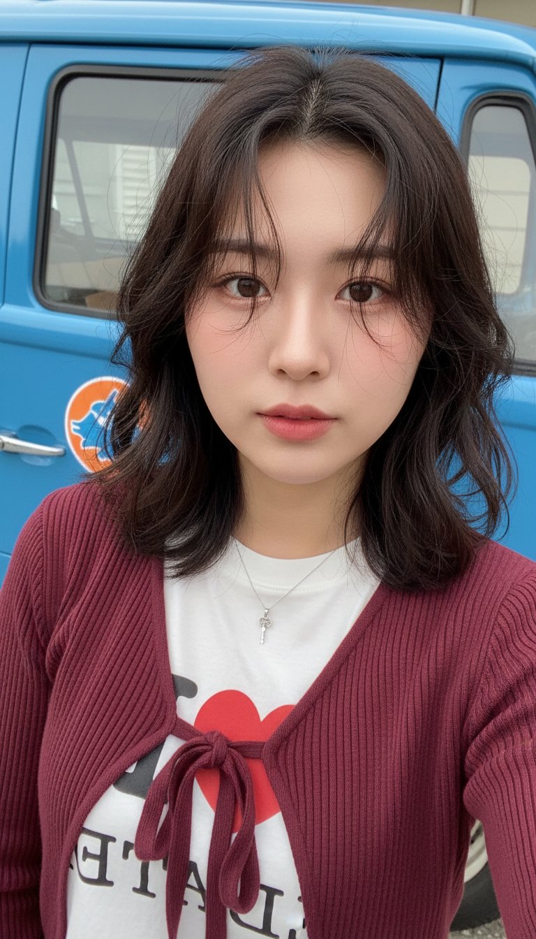 A realistic close-up selfie of a young East Asian woman in her early 20s, taken from a slightly high — AI image prompt — Nano Banana