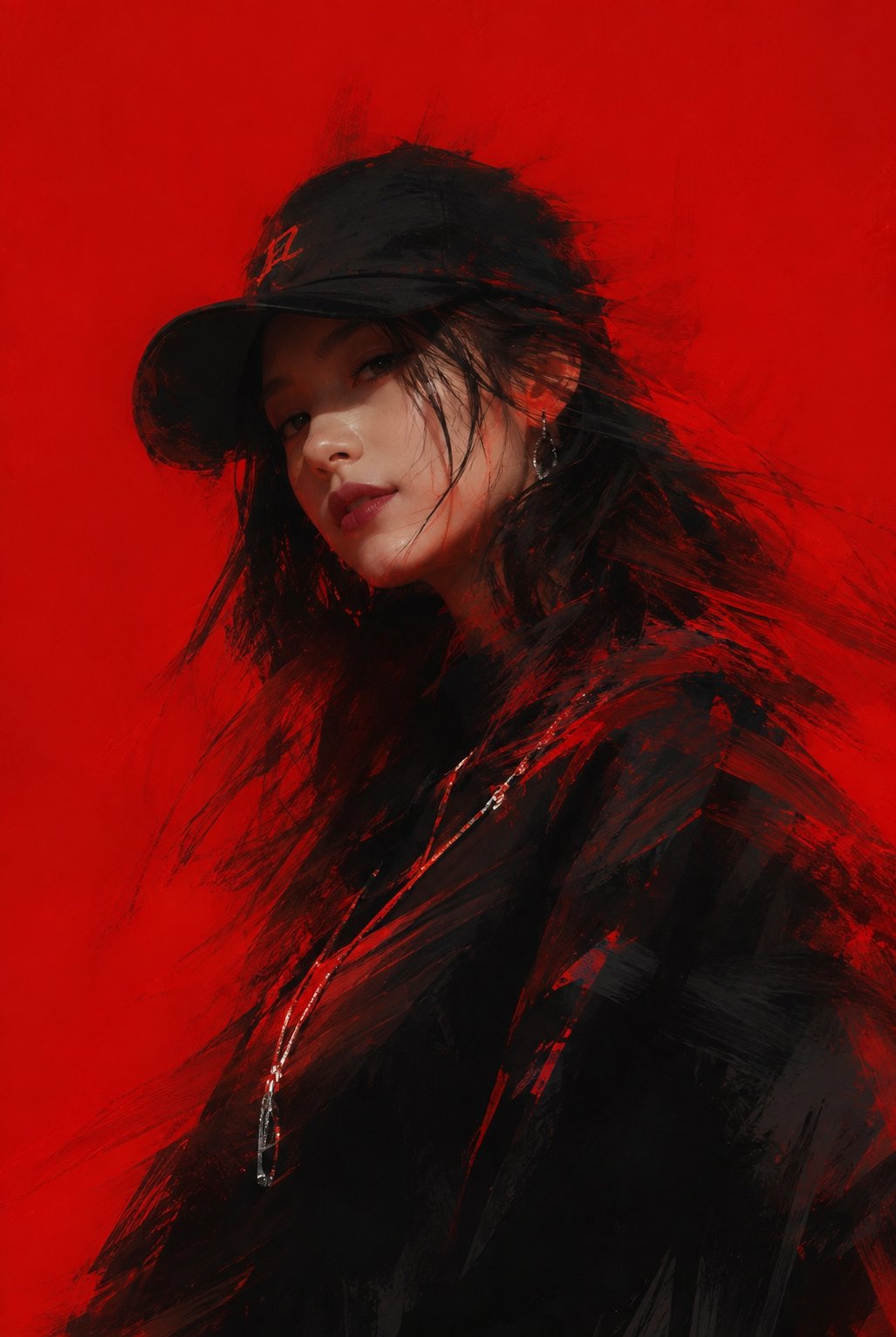 Beautiful hip-hop woman wearing a baseball cap, blurred effect, painterly brush strokes, minimalist  — AI image prompt — GPT Image 2