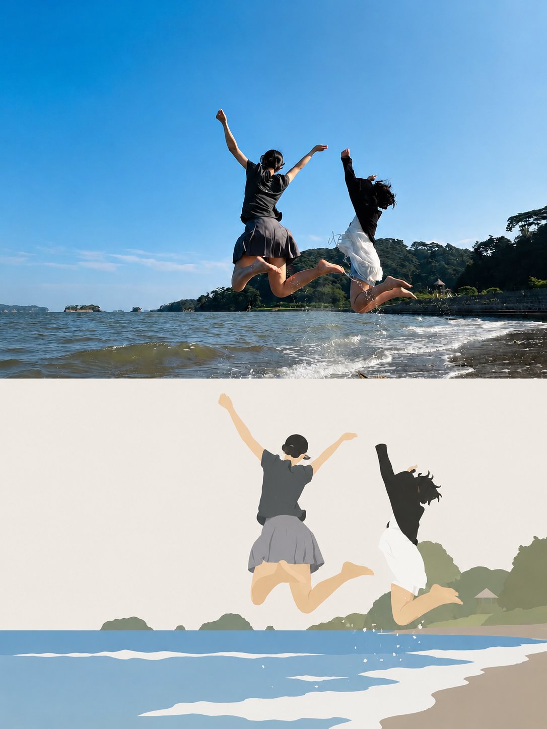 Create a stylized editorial illustration based on the reference photo, transforming the real beach s — AI image prompt — GPT Image 2