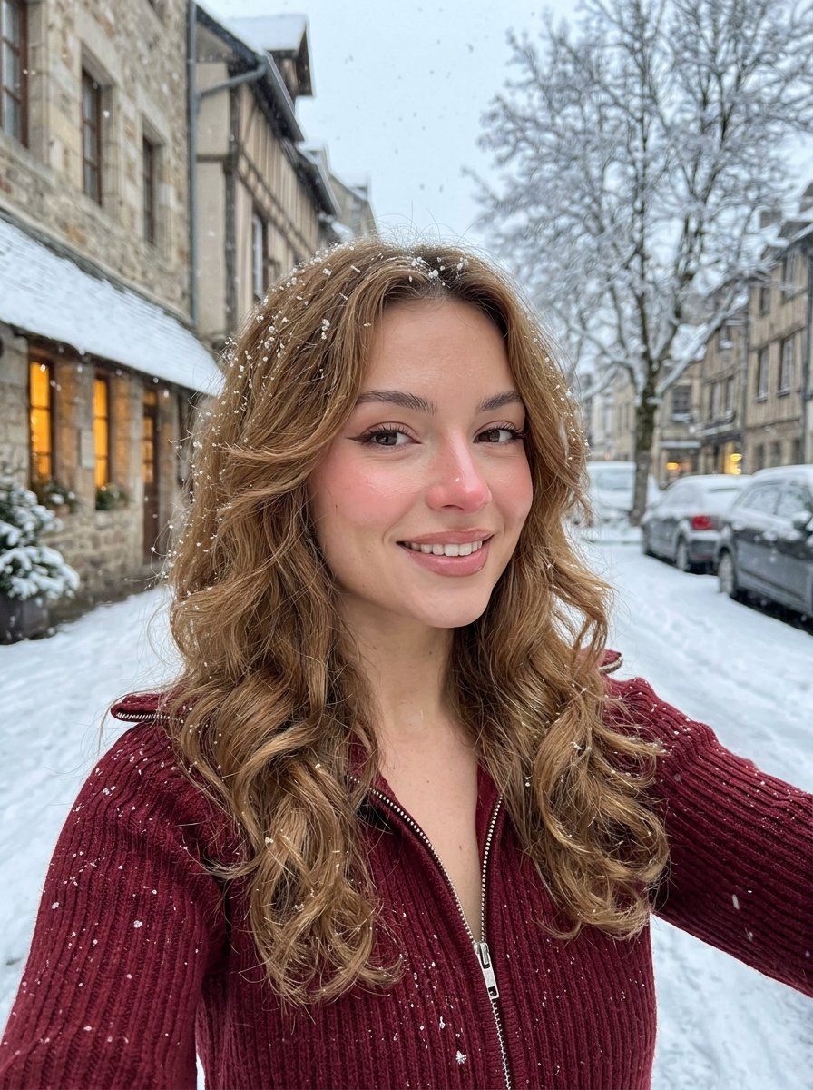 Winter Selfie in Falling Snow — AI image prompt — Nano Banana — Portrait, Realistic, Cinematic - 2
