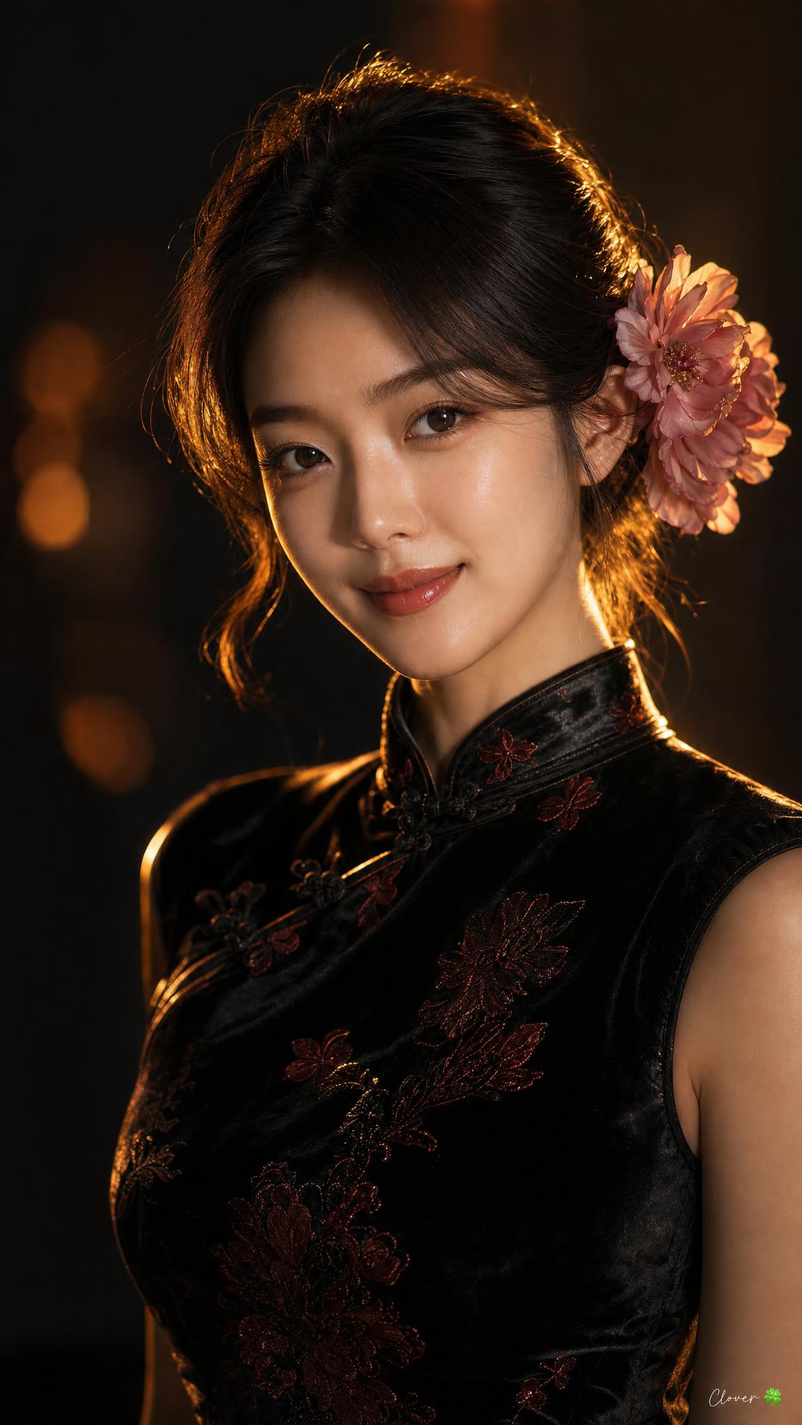 シネマティックなクローズアップポートレート。美しい若い東アジア人女性が、優しく温かい微笑みを浮かべている。伝統的な黒いベルベットのチャイナドレスを着用し、繊細な赤い花柄と高い立ち襟が特徴。彼女のセット — AI image prompt — GPT Image 2
