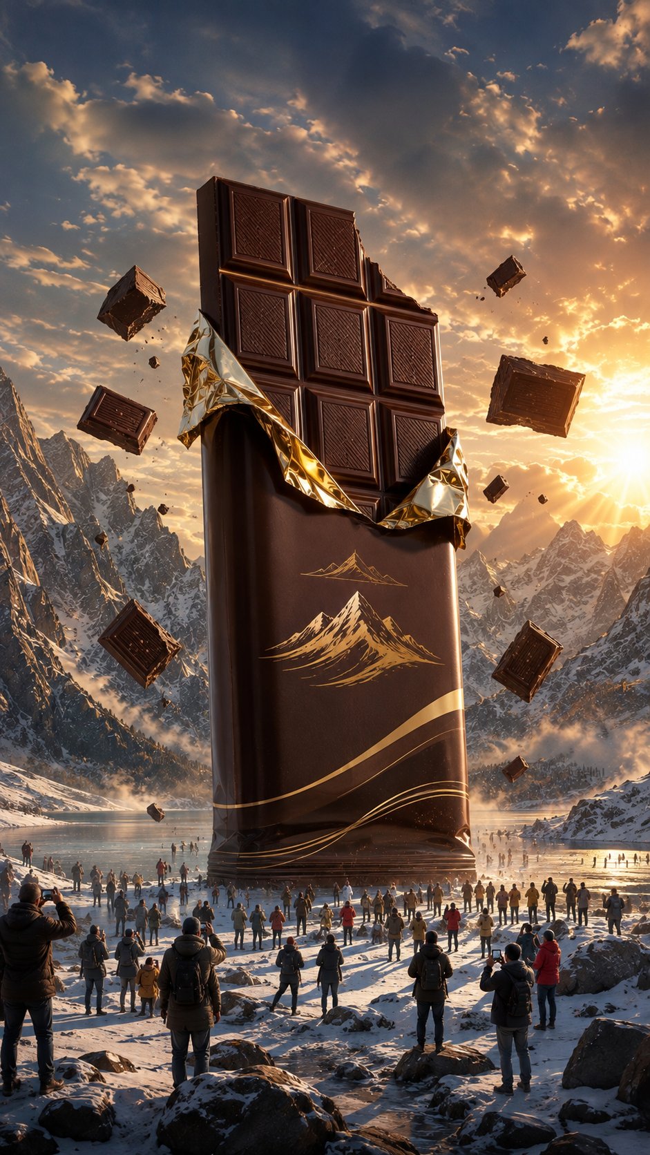 超リアルなシネマティックチョコレート広告。美しい雪に覆われた山岳地帯の谷の中央に、巨大なプレミアムチョコレートバーが垂直にそびえ立っている。チョコレートバーは劇的に巨大で、周囲の風景を見下ろすほどであ — AI image prompt — GPT Image 2