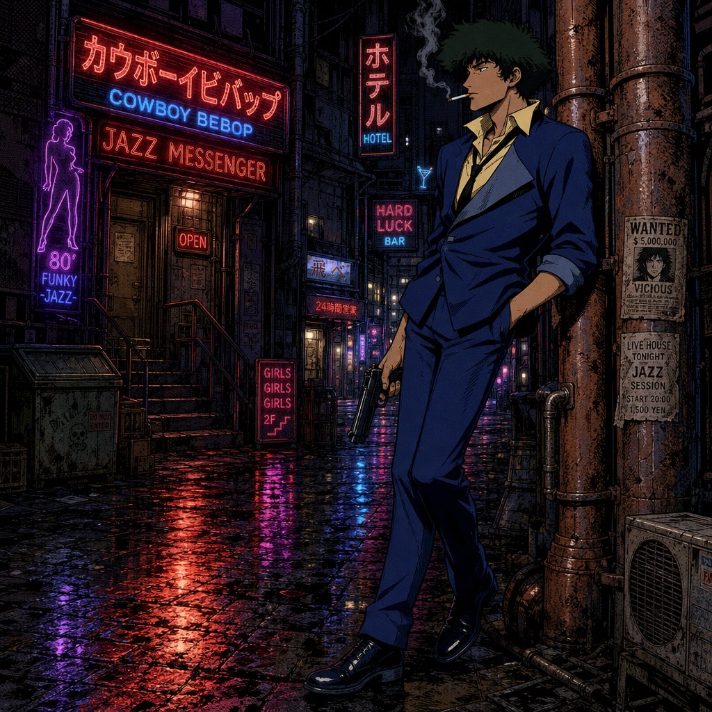 ネオン街のスパイク・スピーゲル — AI image prompt — GPT Image 2 — Character, Neon - 2