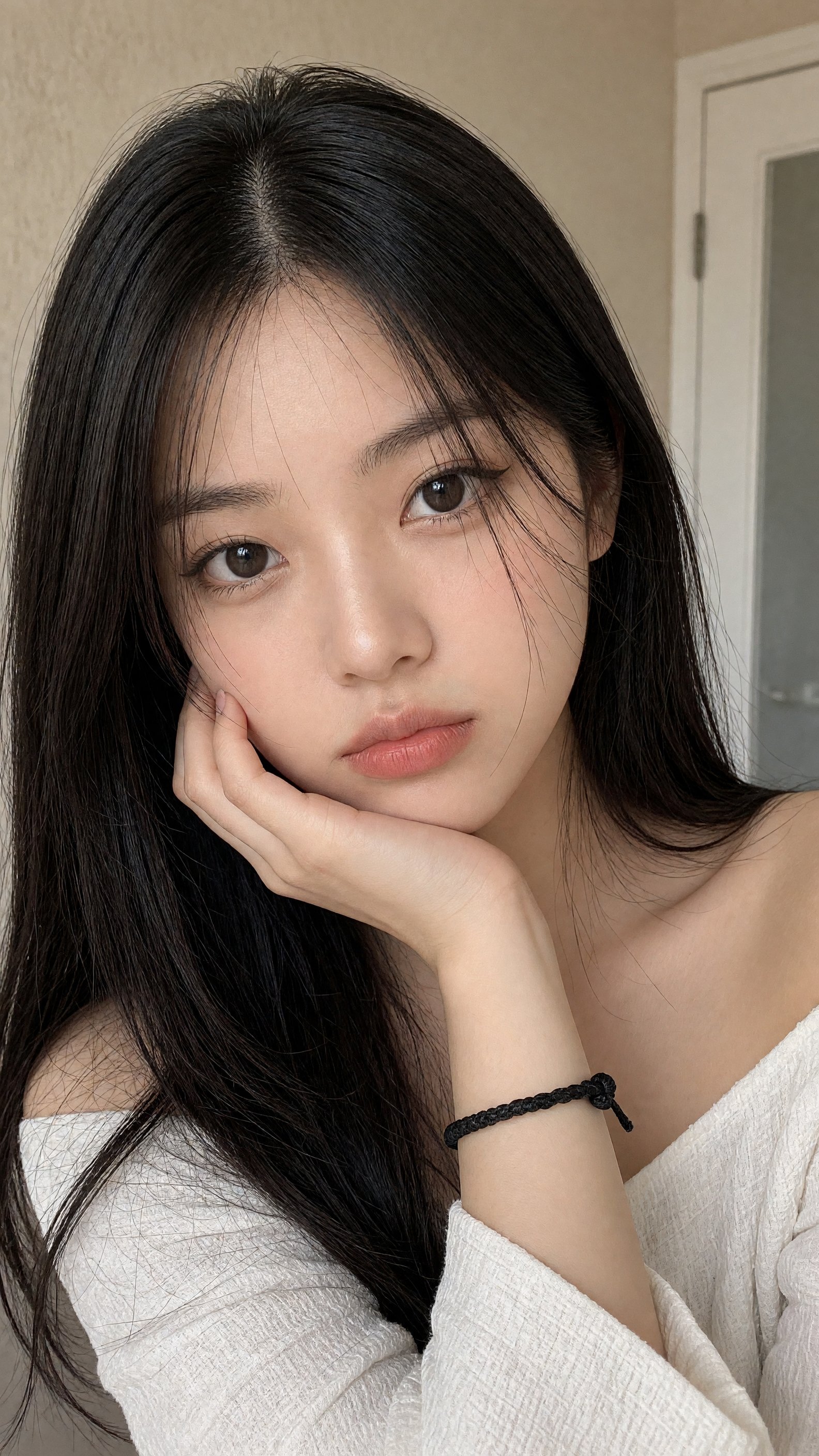 20代前半の東アジア系の若い女性のリアルなクローズアップ自撮りポートレート。柔らかく色白の肌と繊細な顔立ち。長くまっすぐな、絹のようなダークブラウン〜黒の髪をセンターで分け、肩から胸元にかけて流れ、額 — AI image prompt — Grok Imagine 2